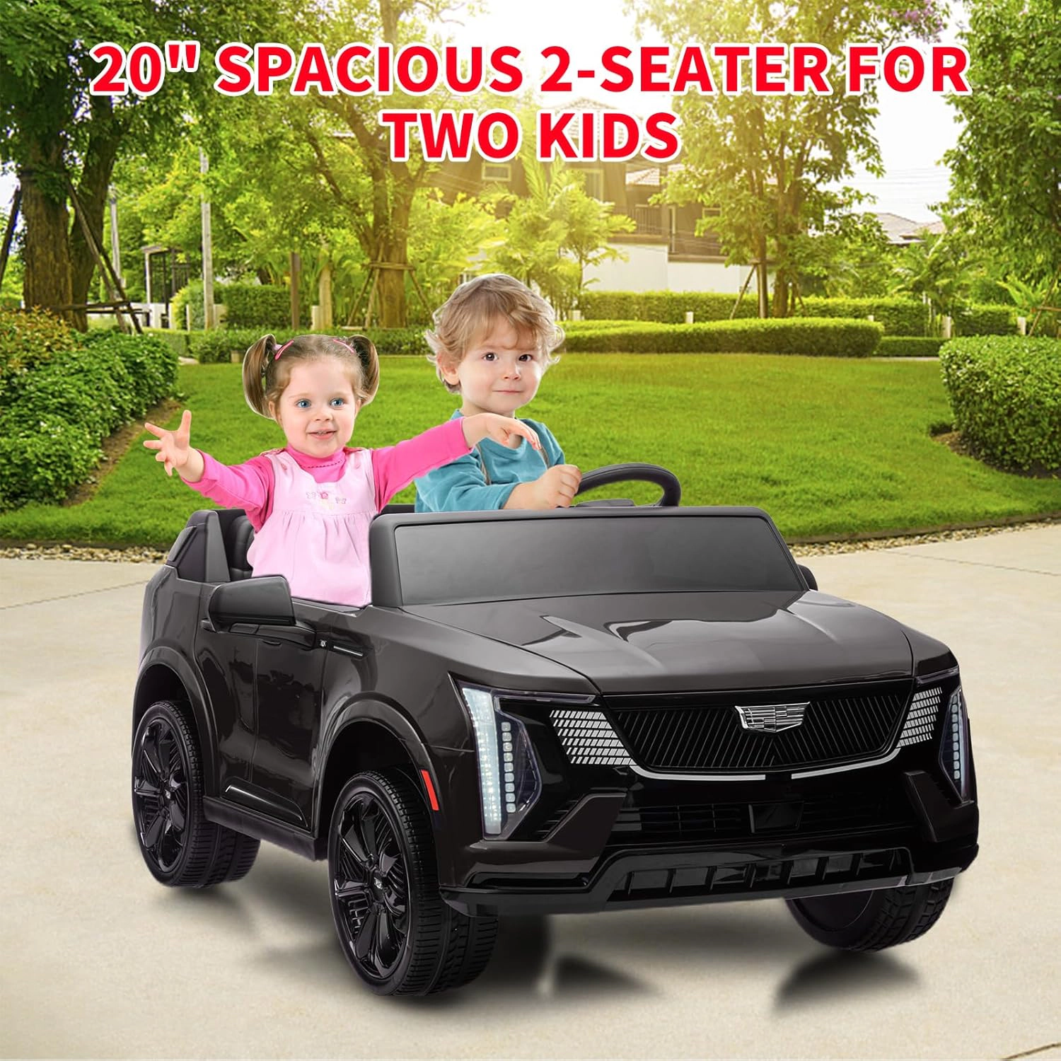 24V Licensed Cadillac 2-Seater Kids Ride On Car, Electric Truck w/ Remote, 130W Motors, LED Lights & Music