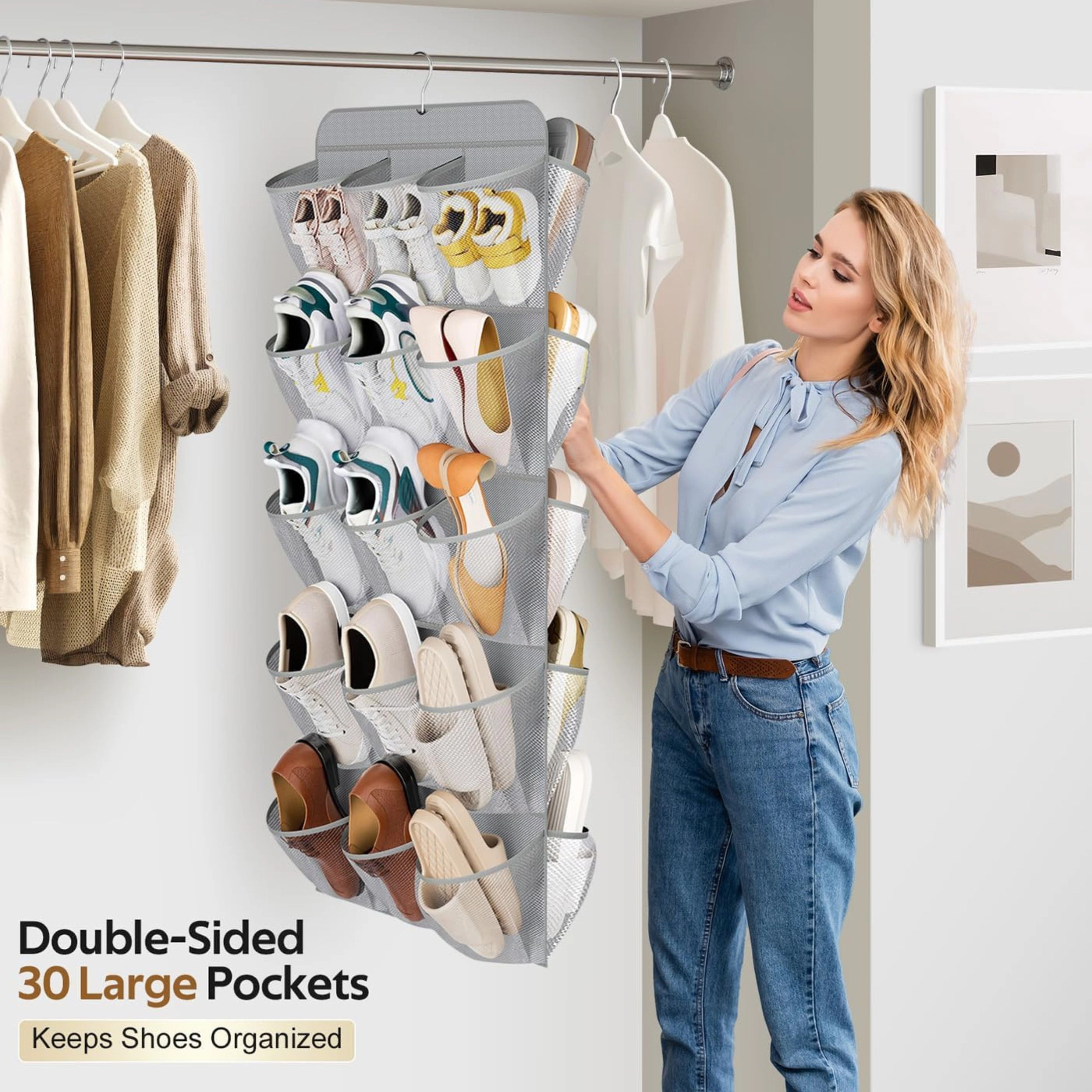 Stock Preferred 30 Pocket Dual Sided Hanging Shoe Organizer with Rotating Hanger