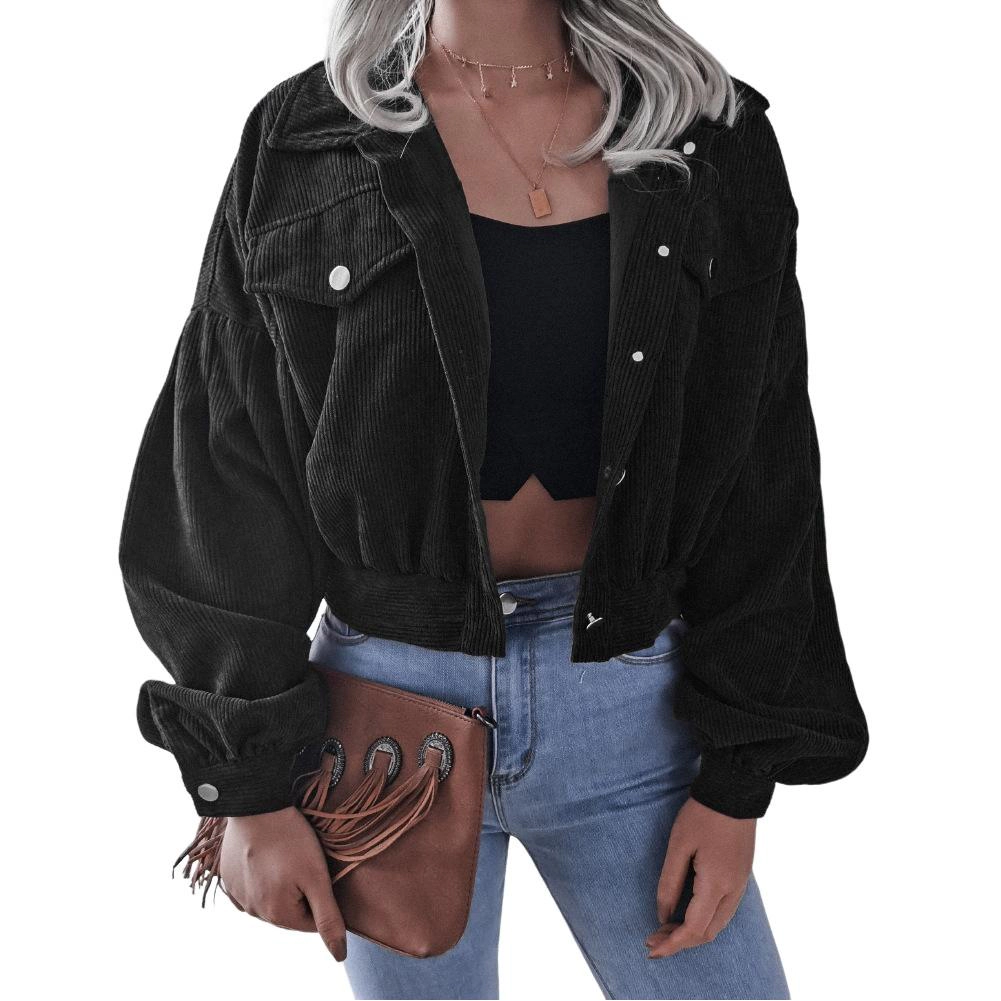 KOJOOIN Women's Cropped Corduroy Jacket Puff Sleeve Button Down Vintage Shacket Loose Trucker Coat