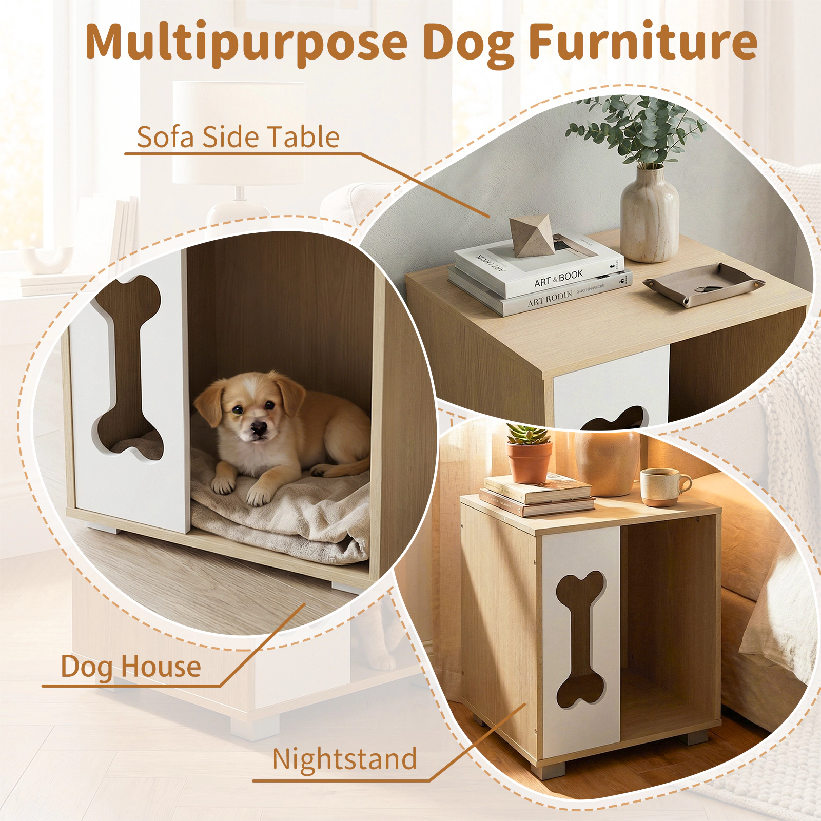 SUGIFT Wooden Cat House Side Table with Bone Shape Window Thick Metal Legs and 22-lb Tabletop for Cats