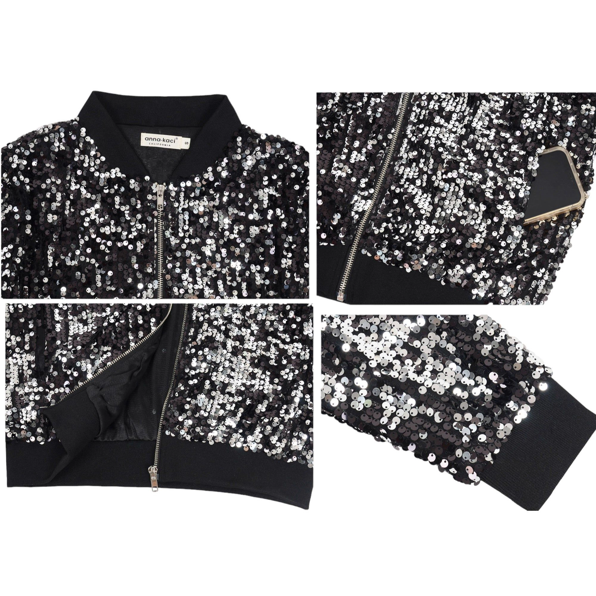 Anna-Kaci Women's Sequin Design Jacket Sparkle Long Sleeve Front Zip Blazer Bomber With Pockets