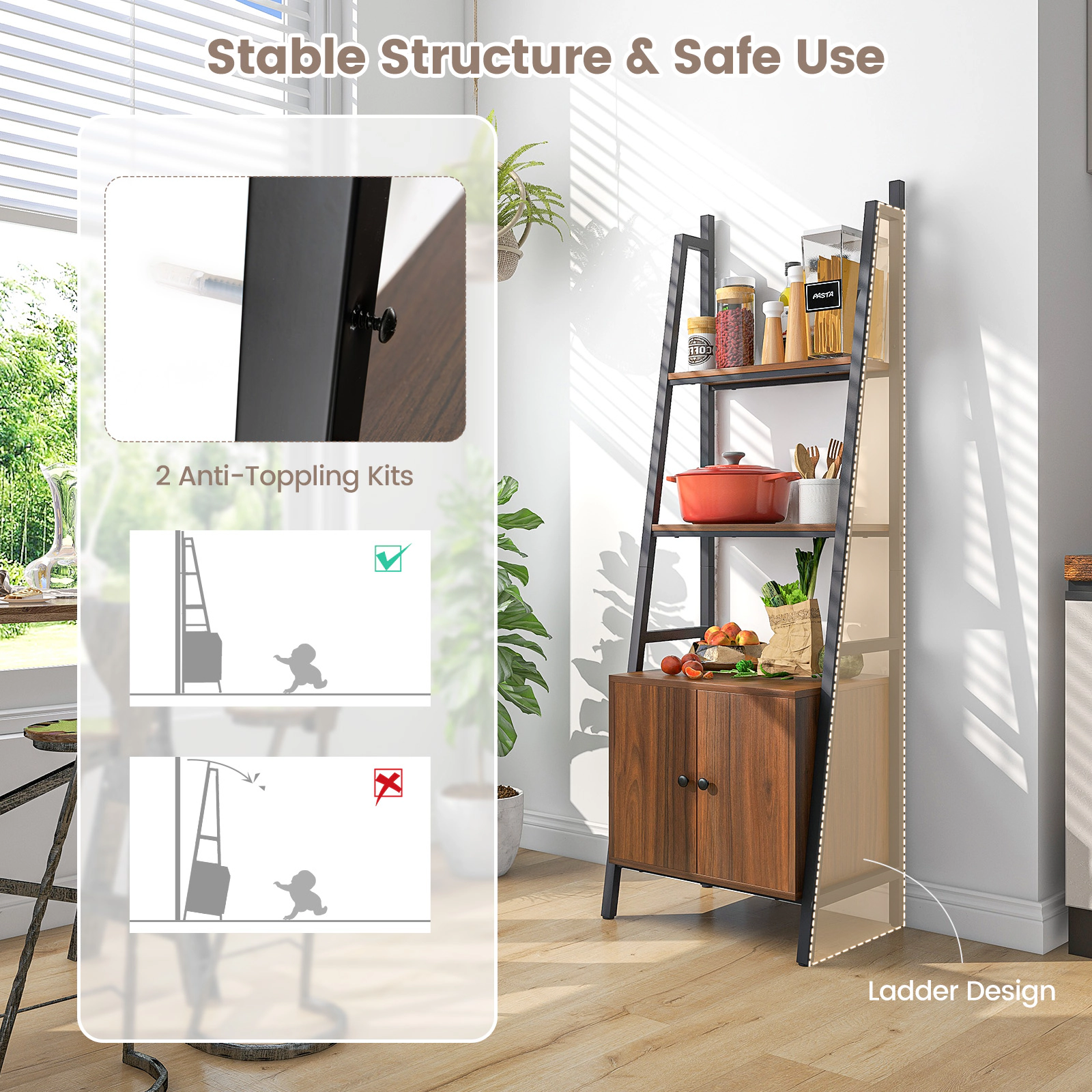 SUGIFT 4-Tier Rustic Brown 63-in Ladder Shelf Bookshelf with Storage Cabinet Metal Frame and 44-lb Shelves