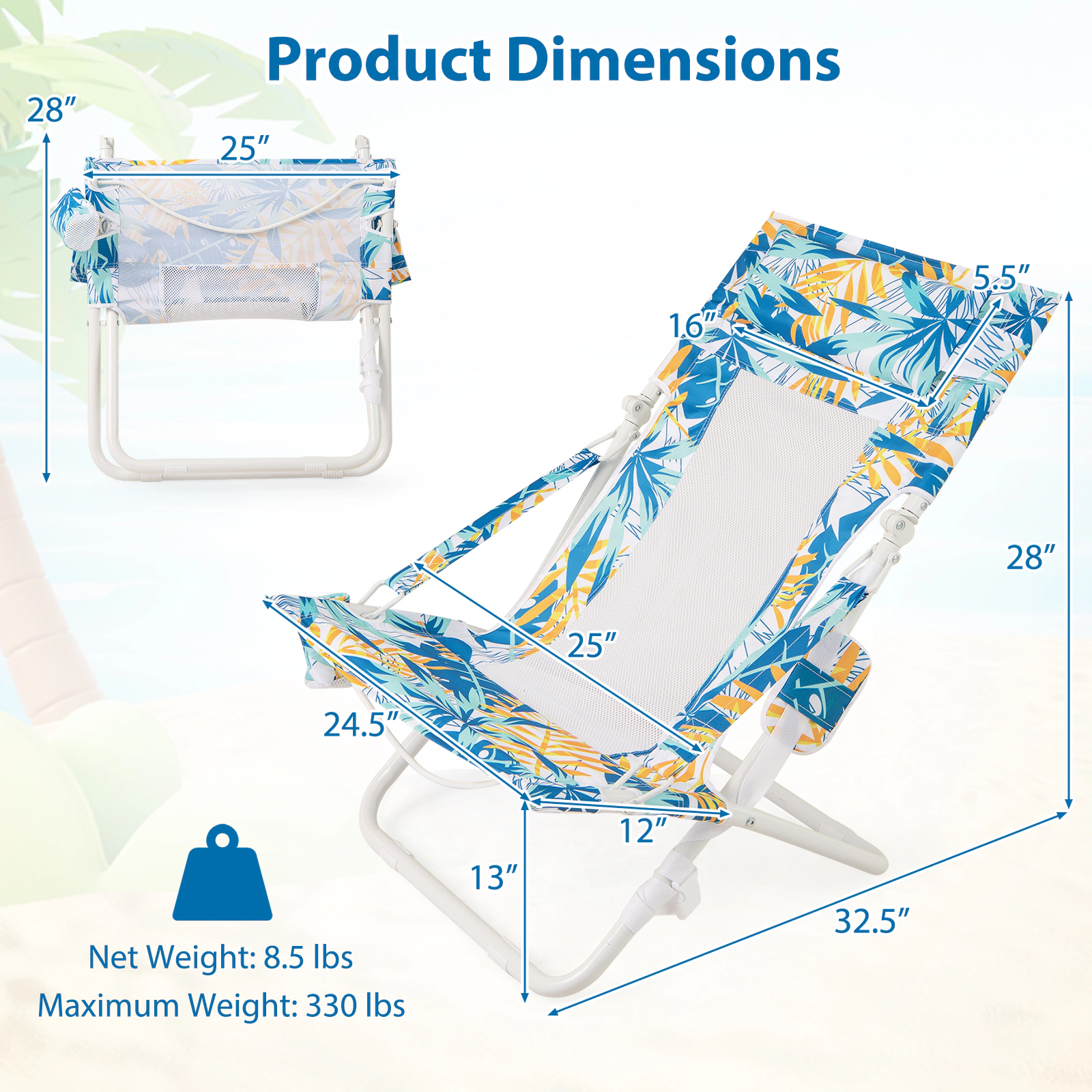 SUGIFT Set of 2 Blue Low Folding Beach Sling Chairs, 330 lb Capacity