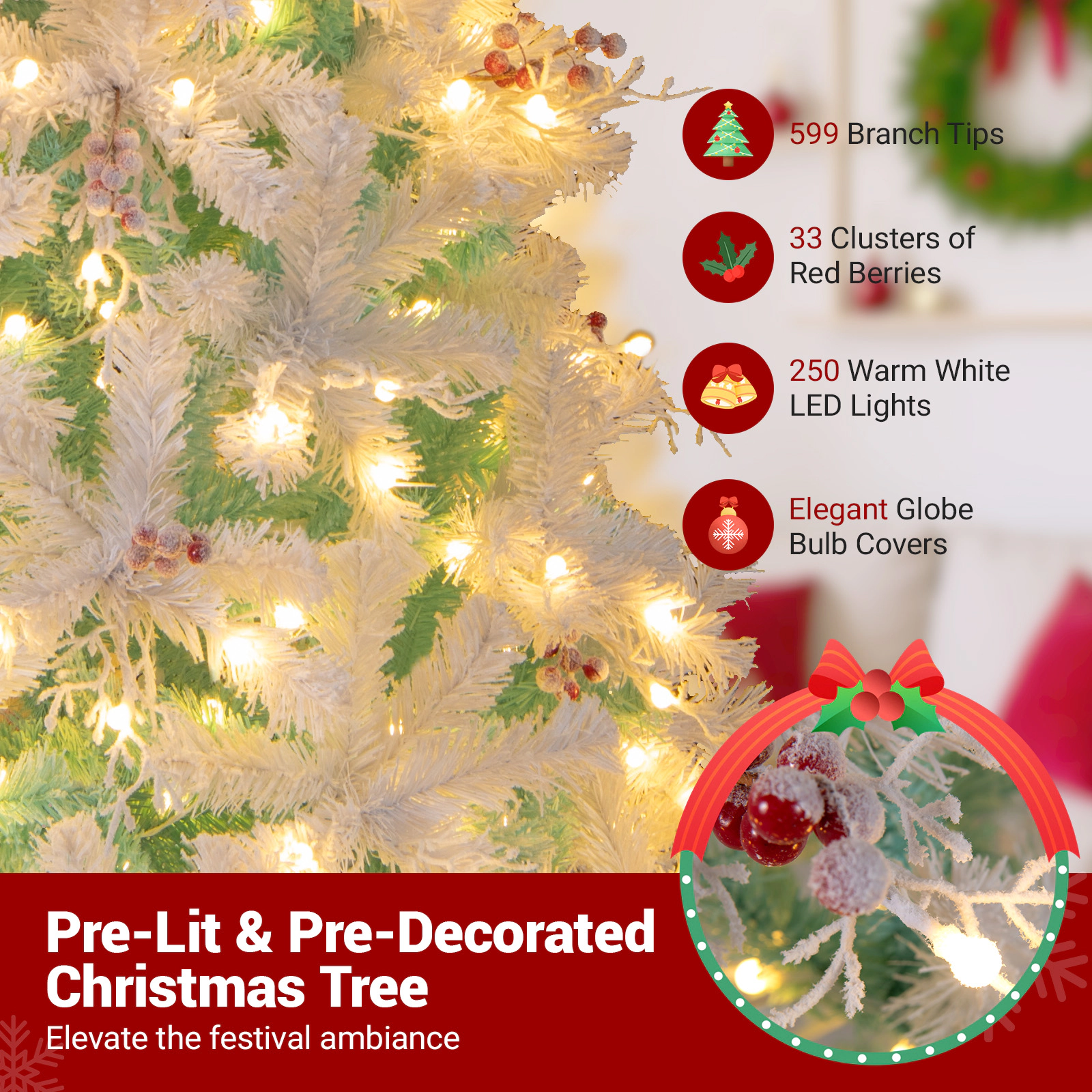 SlickBlue Snow Flocked Christmas Tree with Red Berries & LED Lights