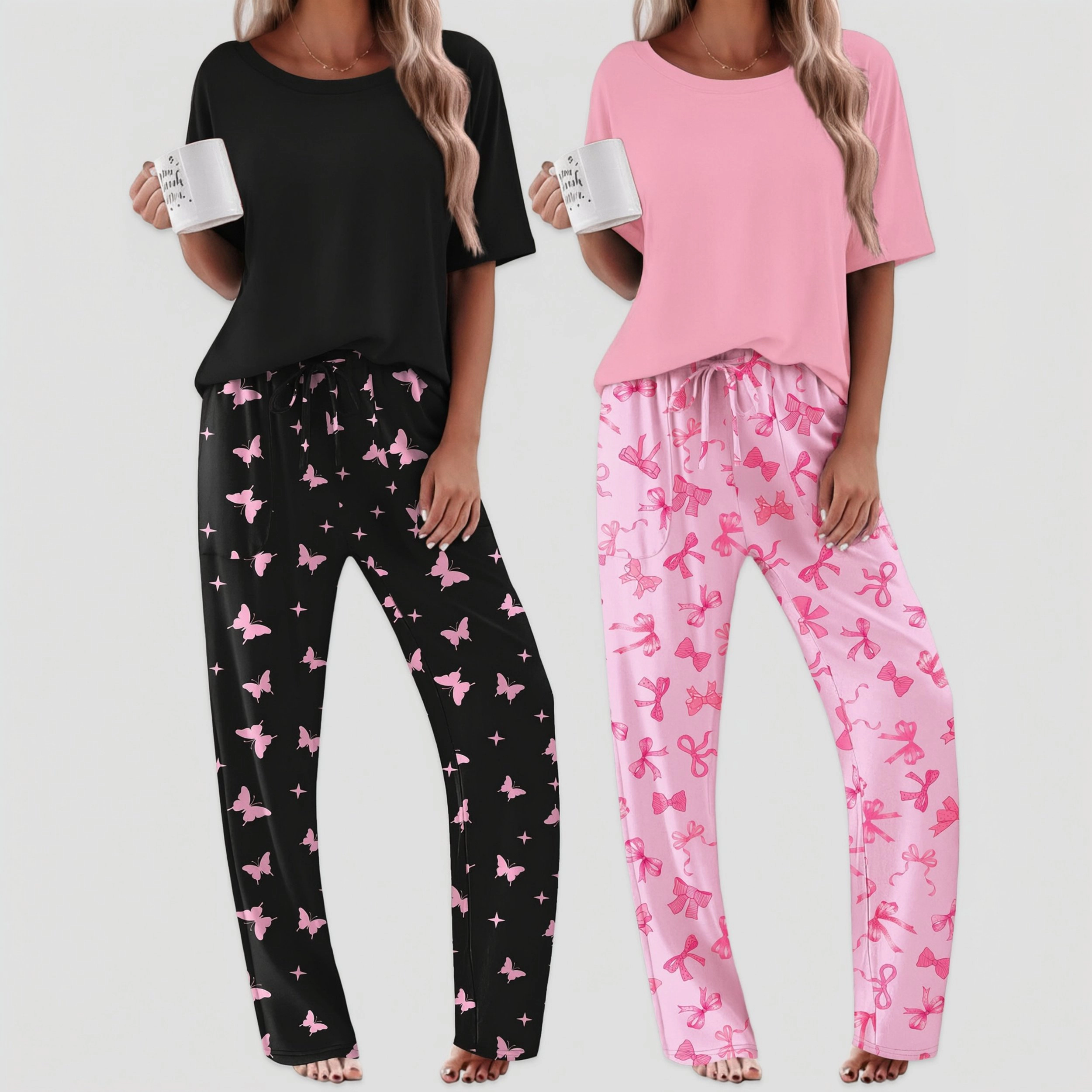 Ekouaer Pajamas for Women Cozy Loungewear Sleepwear Short Sleeve Long Pants Set Matching Pjs