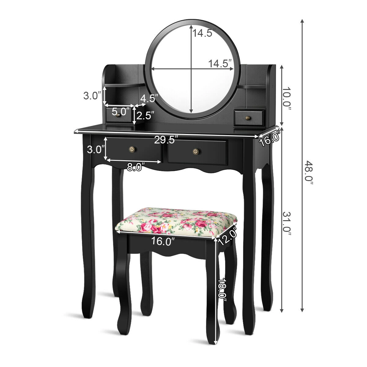 SUGIFT 4-Drawer Girls Makeup Vanity Dressing Table Set Oval Mirror & Stool 286-lb Dresser Capacity 242-lb Stool Capacity