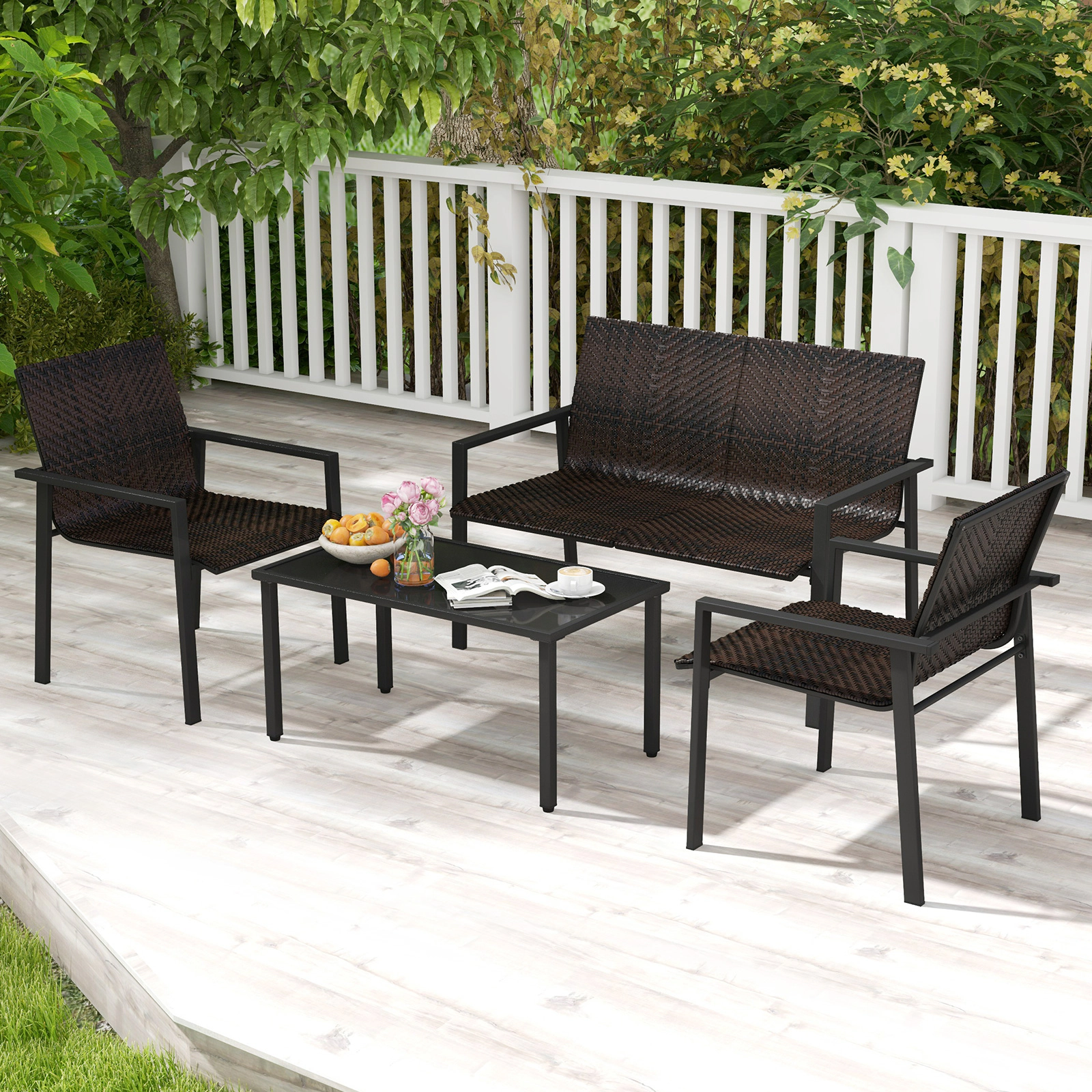 SUGIFT Galvanized Metal Frame and Machine-Woven Rattan 4-Piece Brown Patio Furniture Set