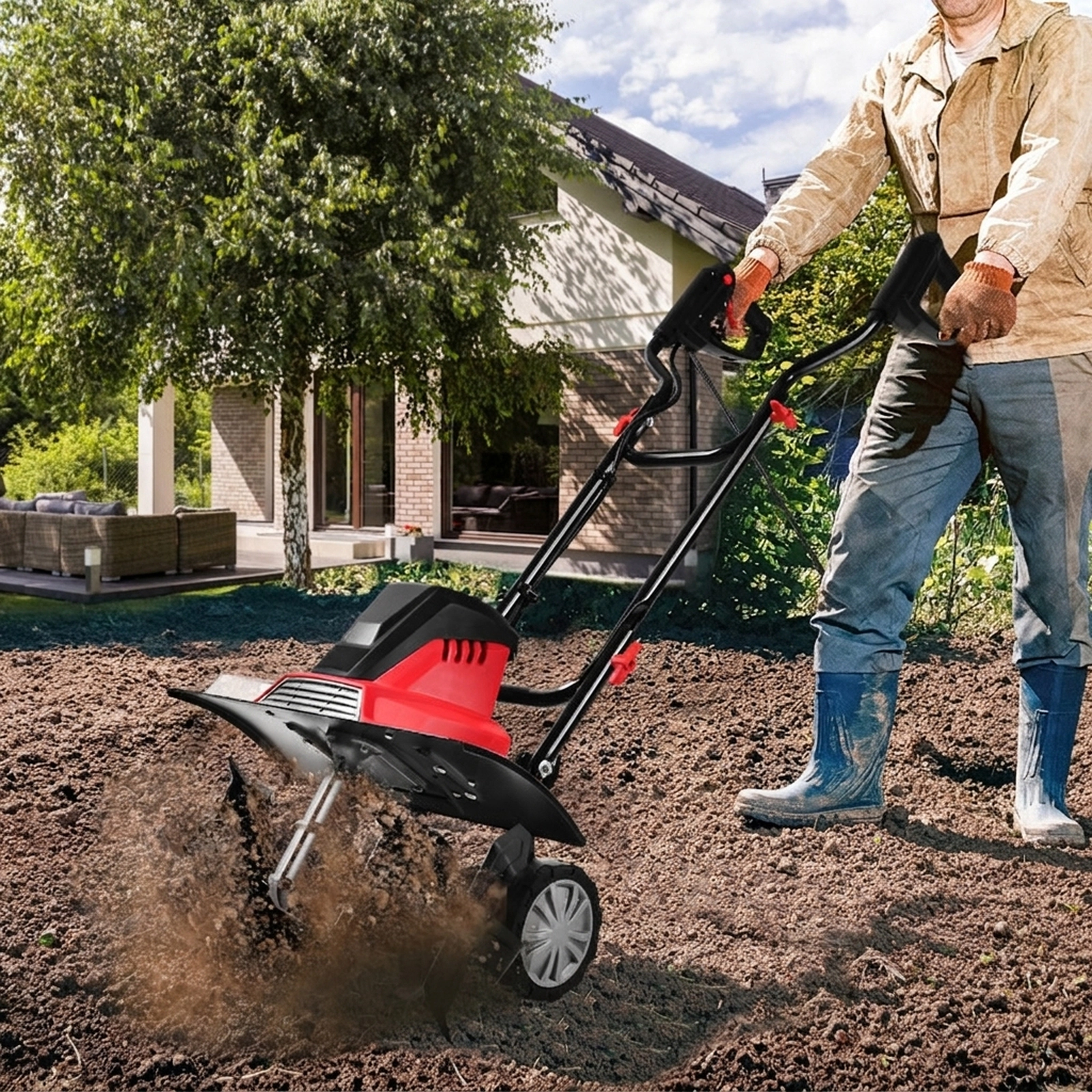 SUGIFT 17-Inch 13.5 Amp Corded Electric Tiller and Cultivator 9-Inch Tilling Depth Red+black