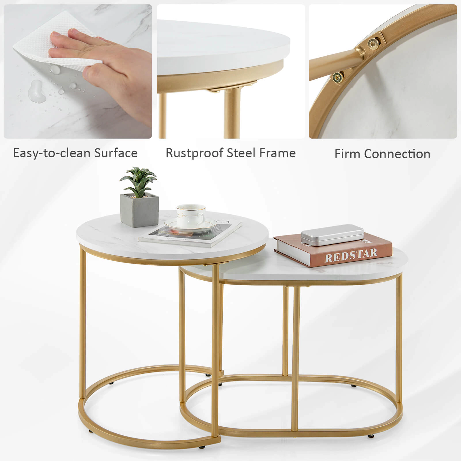 SUGIFT Modern Nesting Coffee Table Set of 2 with MDF Tops Accent Tables 22-lb and 44-lb Capacity Marble and Golden
