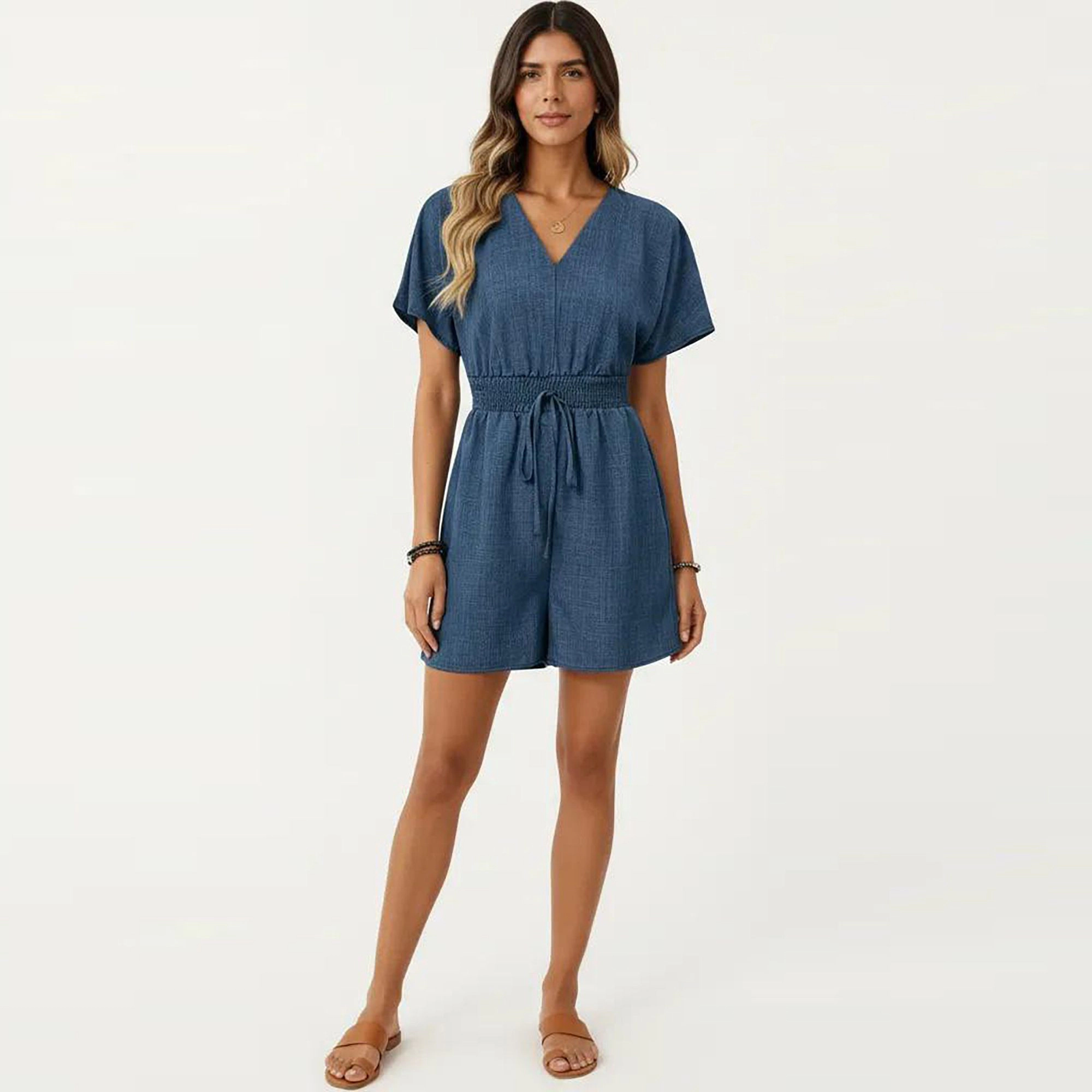 Anna-Kaci Womens Short Sleeve V-Neck Smocked Waist Romper