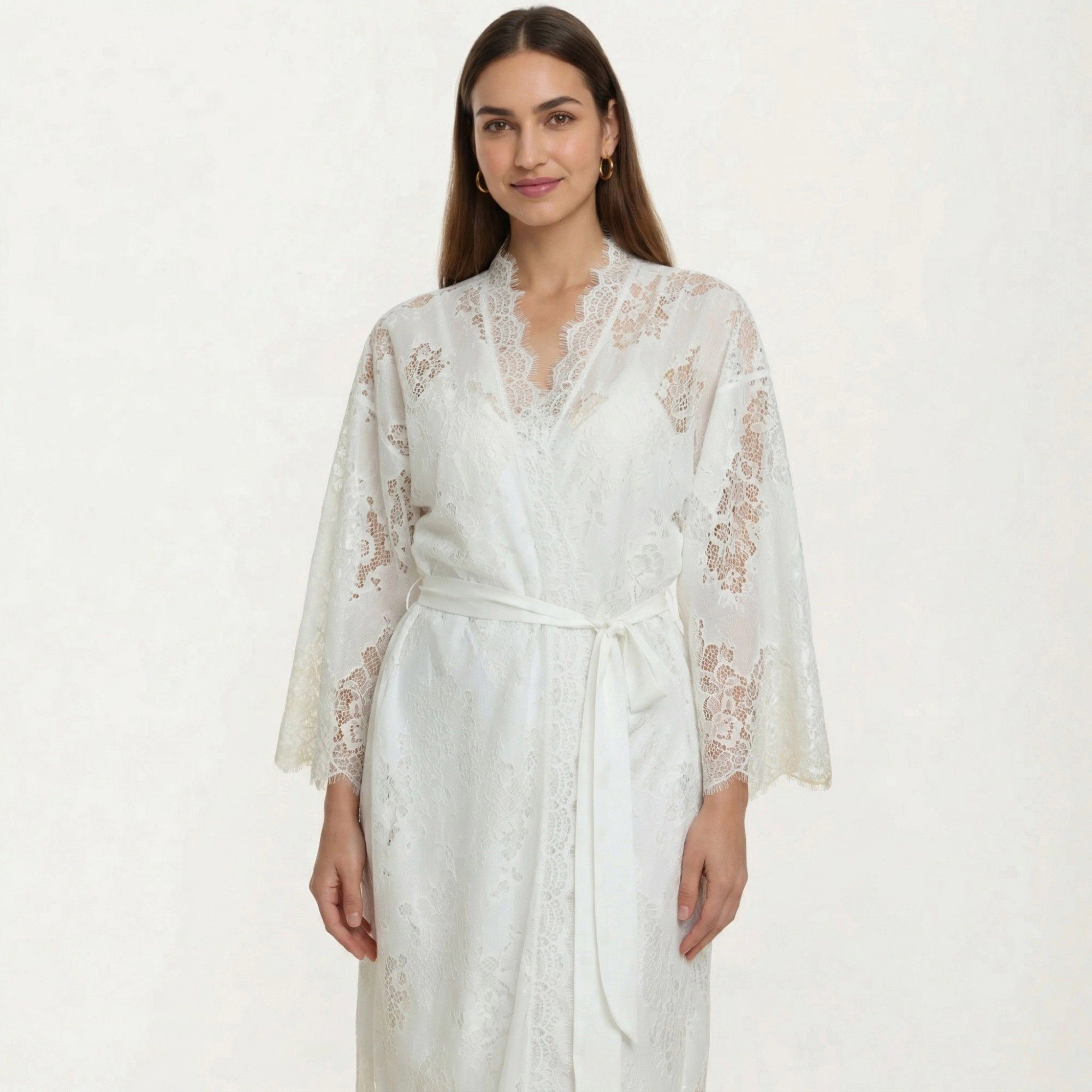 Anna-Kaci Women's 2-Piece Smooth Sleepwear Slip Dress with Sheer Lace Long Robe Open Front Lightweight Nightgown Set