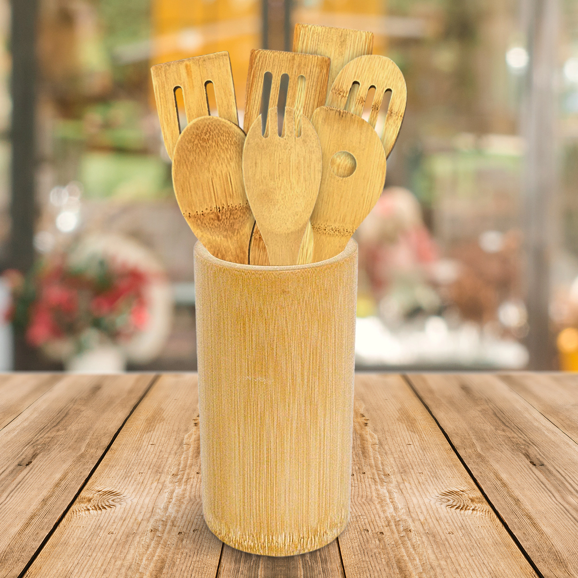Cheer Collection 8-Piece Bamboo Cooking Utensil Set with Spoons, Turners and Holder