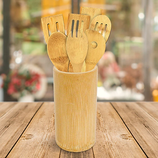 Cheer Collection 8-Piece Bamboo Cooking Utensil Set with Spoons, Turners and Holder