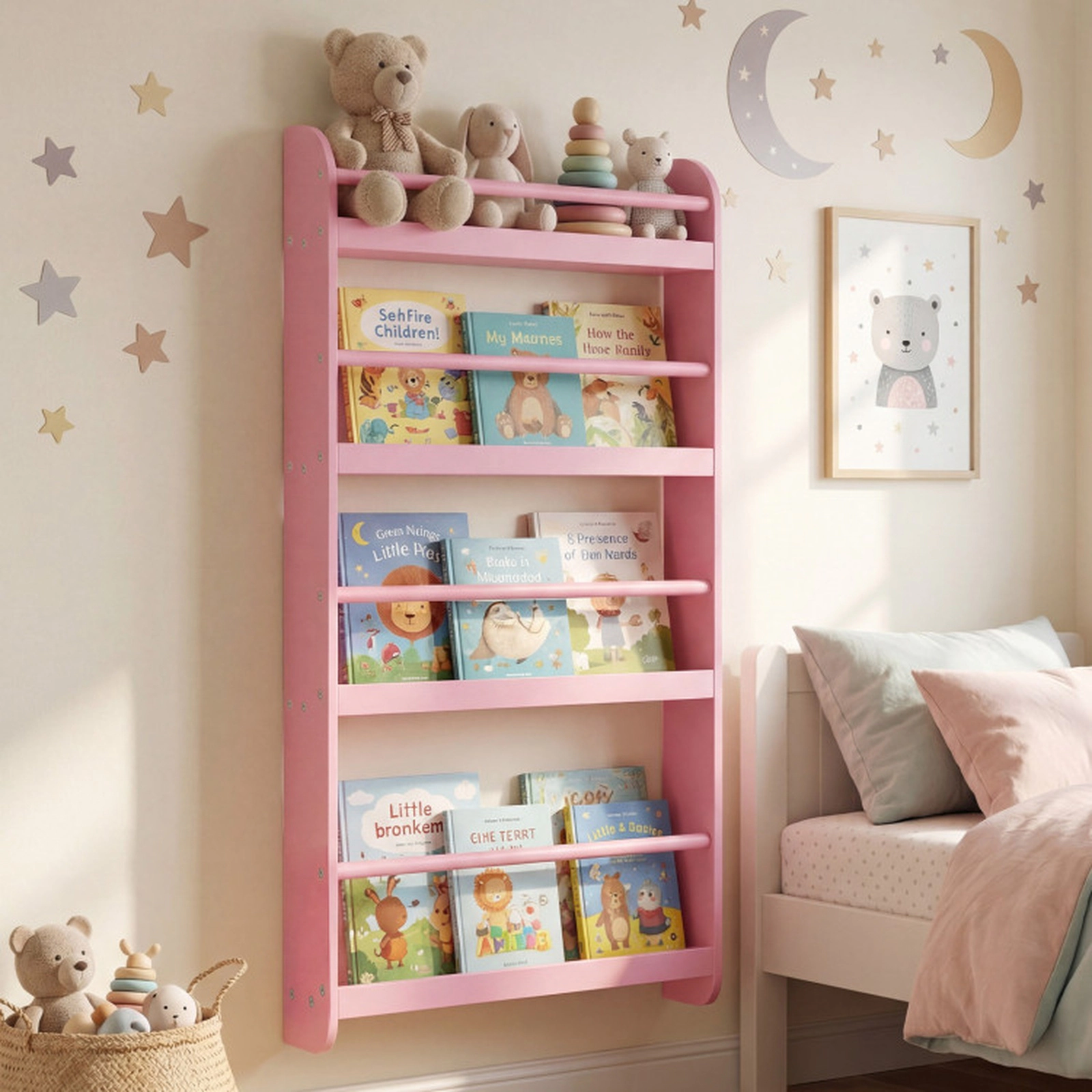 SUGIFT Pink 4-Tier Kids Wall Bookshelf Organizer with Basswood Crossbar