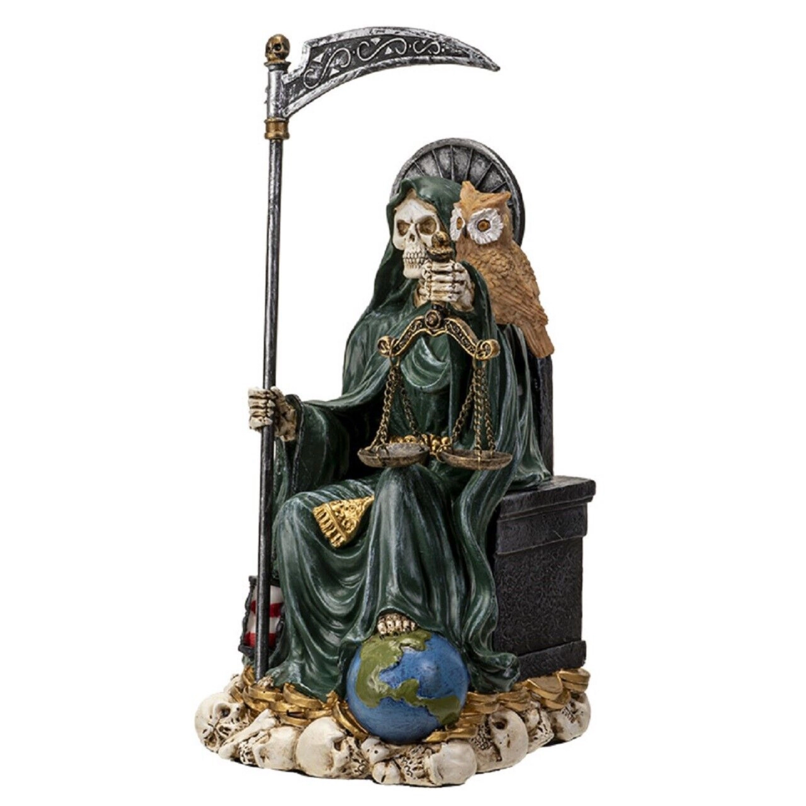 Pacific Giftware Sitting Santa Muerte inGreen Gown with Owl and Scale Figurine Death 9 Inch