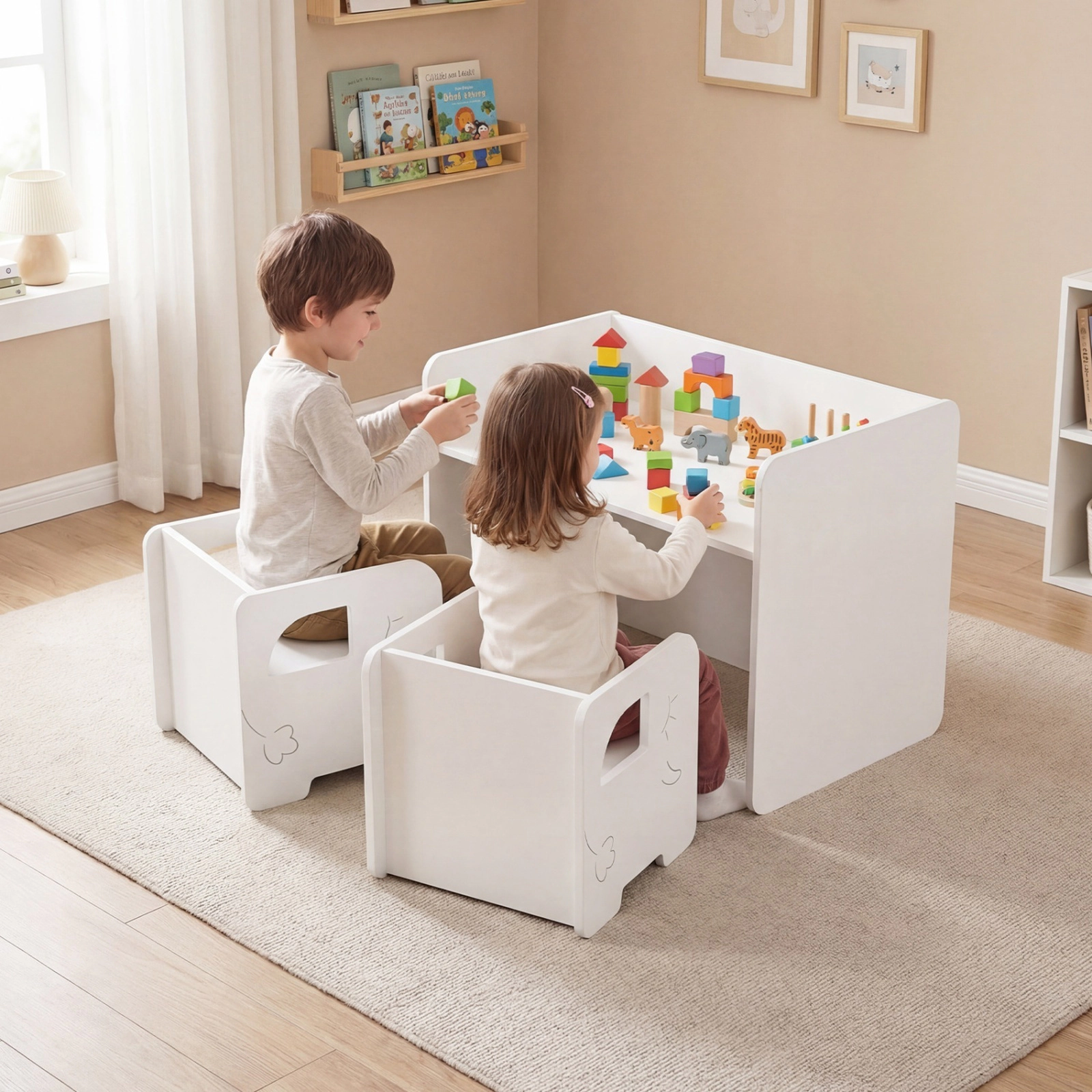 SUGIFT Kids Table and 2 Chairs, 3-Piece White Set with Chalkboard Top