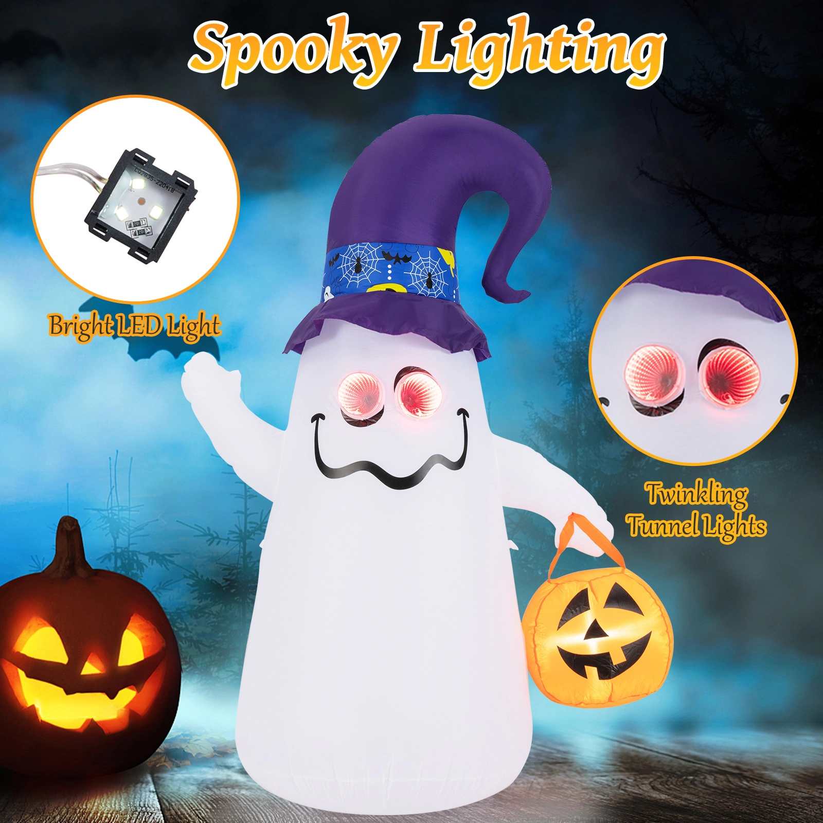 SUGIFT White 6-ft Halloween Inflatable Ghost with Jack-o-Lantern and LED Tunnel Lights 4.3-ft W 2.4-ft D 6-ft H