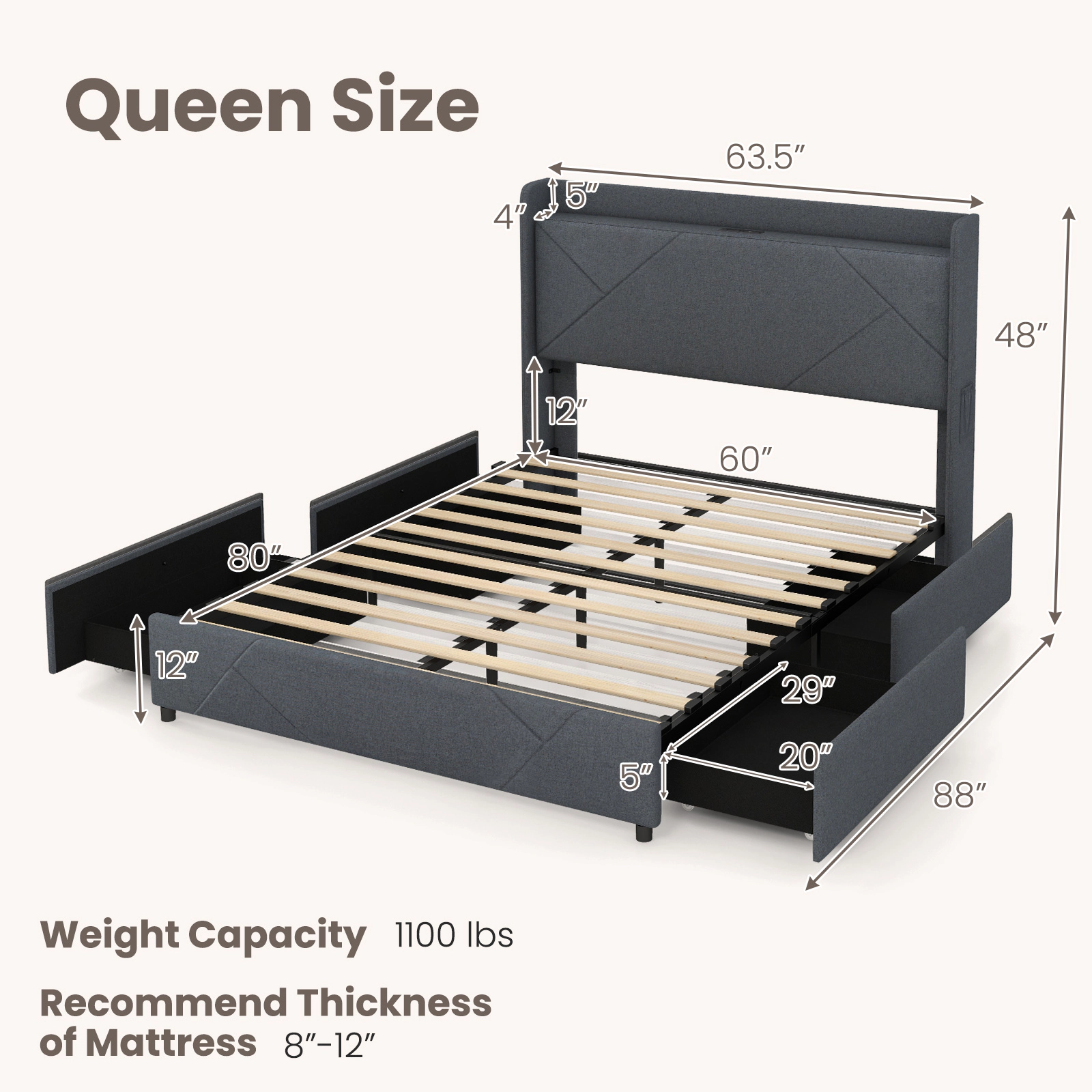 LJG Full/Queen Size Bed Frame with LED Lights and Charging Station