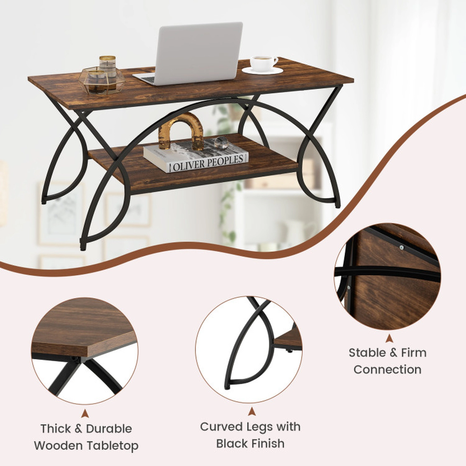 SUGIFT 2-Tier Arched Steel Frame Wood Grain Top Coffee Table 39.5-in x 19.5-in x 18-in 110-lb Capacity Rustic Brown