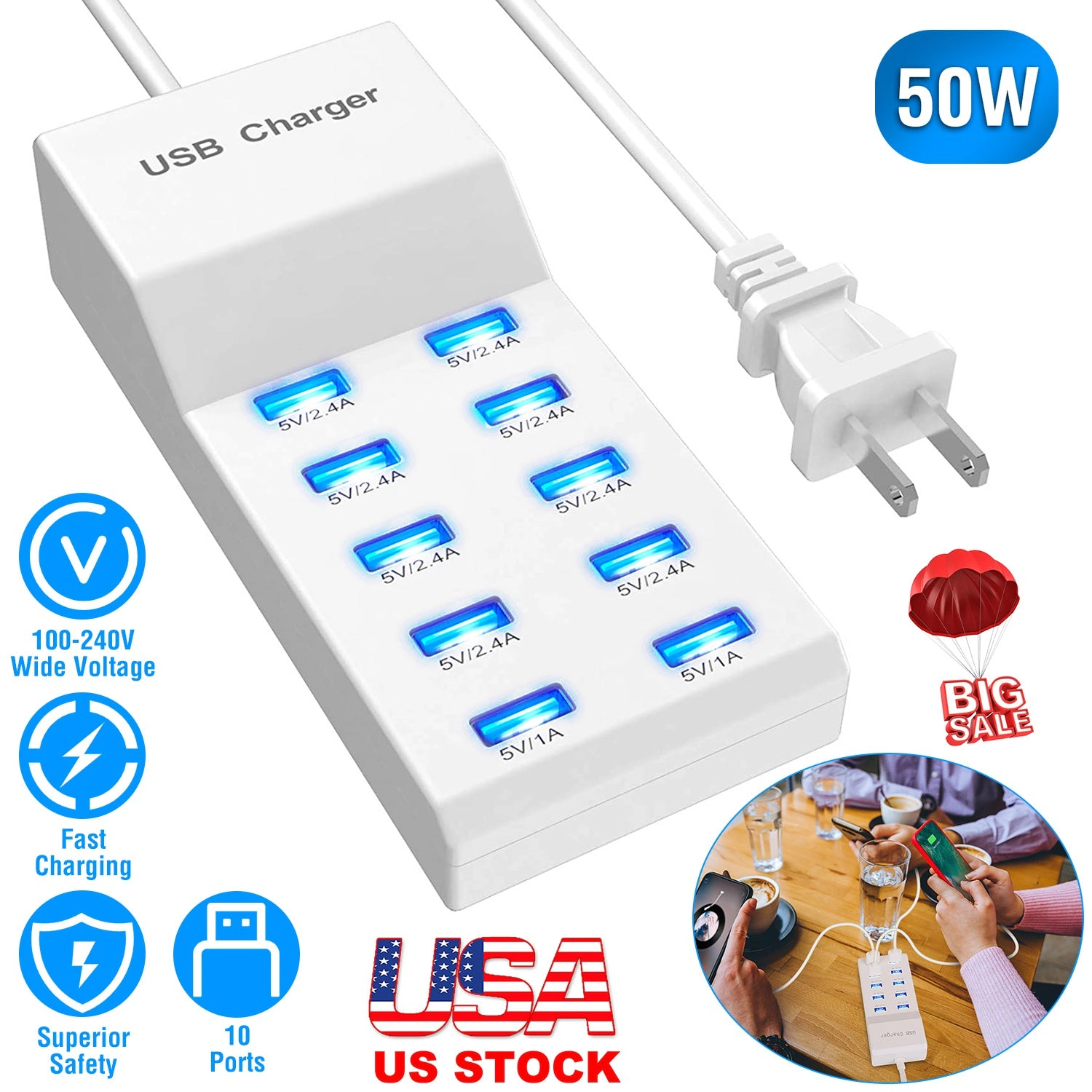 GBruno 10-Port 50W Fast Charging Station Hub