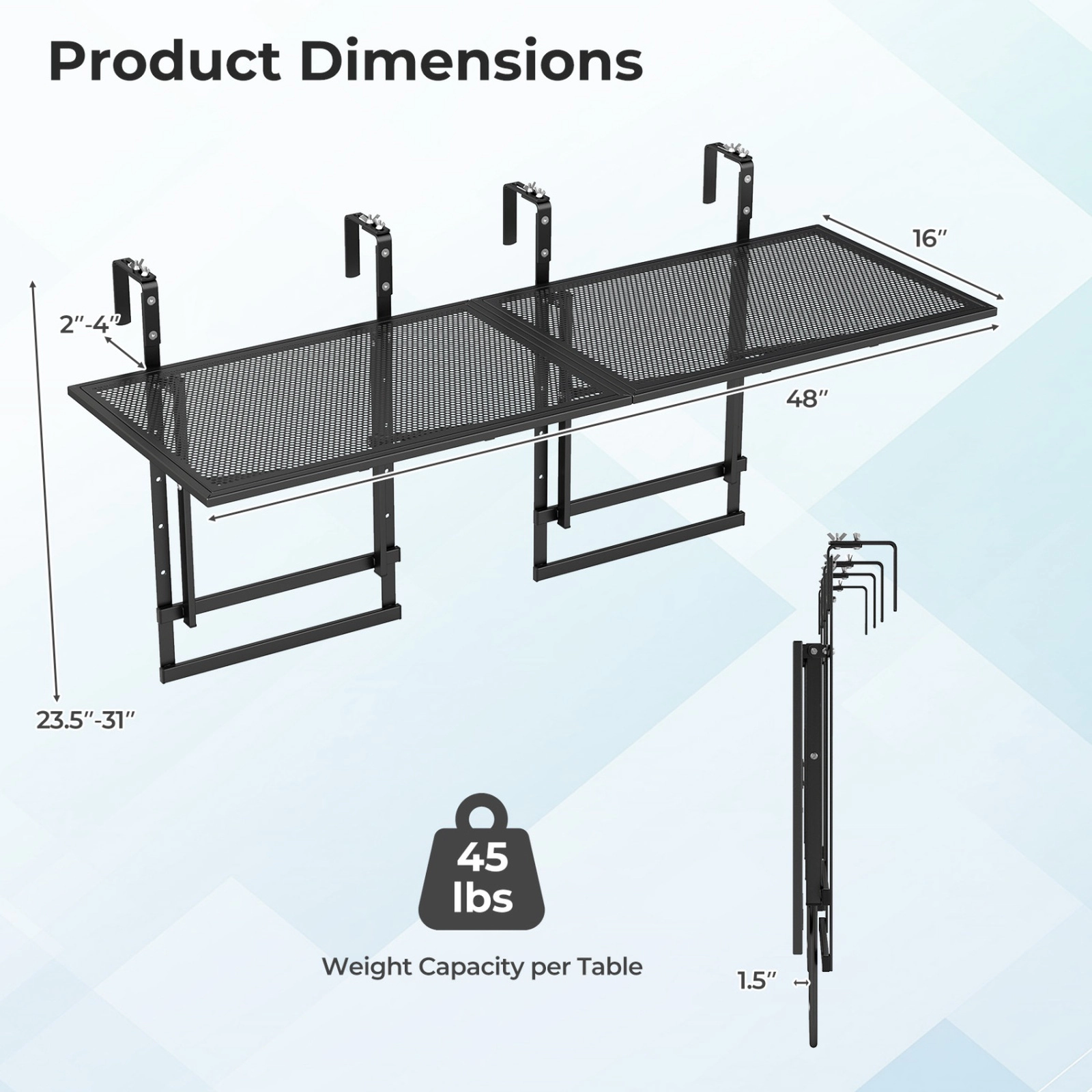 SUGIFT 48-in Balcony Railing Bistro Table 2-Piece Set 5-Level Height 45-lb per Table 1.5-3.5-in Clamp Black