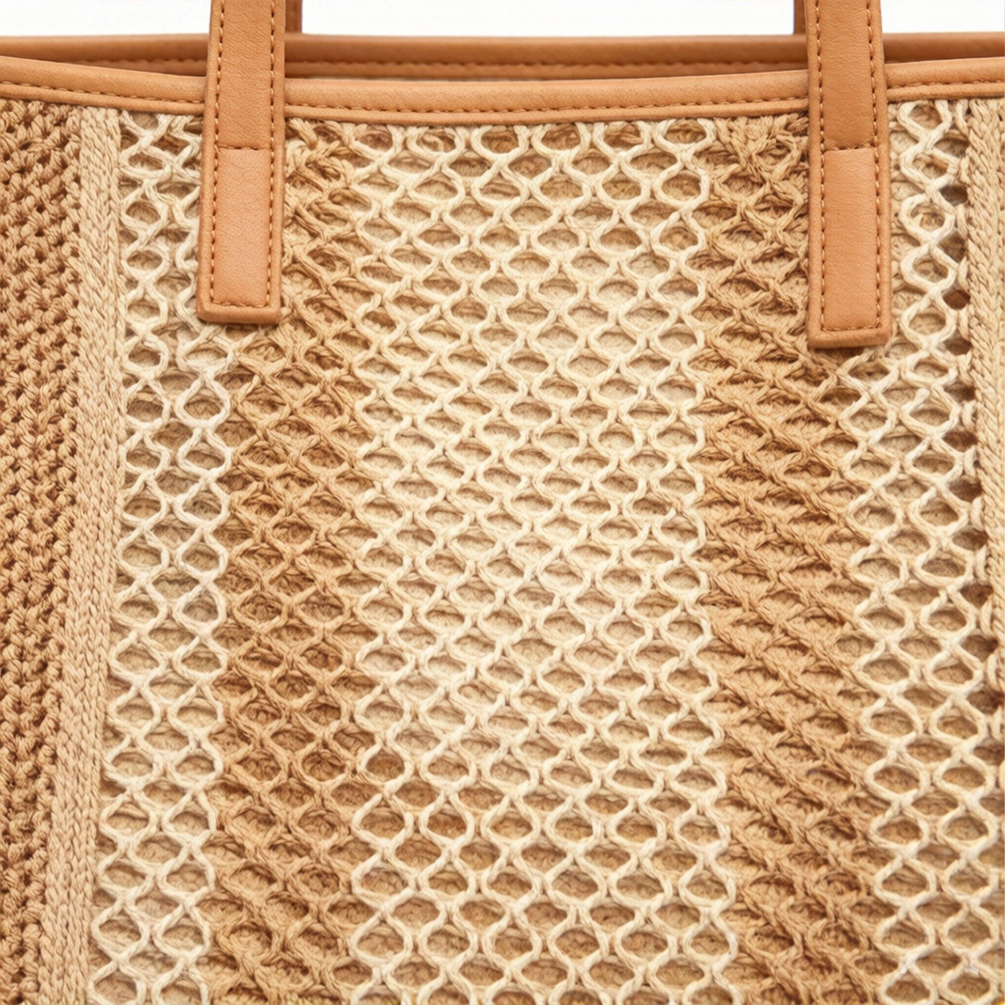 Alilang Women's Woven Crochet Tote Bag with Textured Panel Design Leather Shoulder Strap Lightweight Handbag