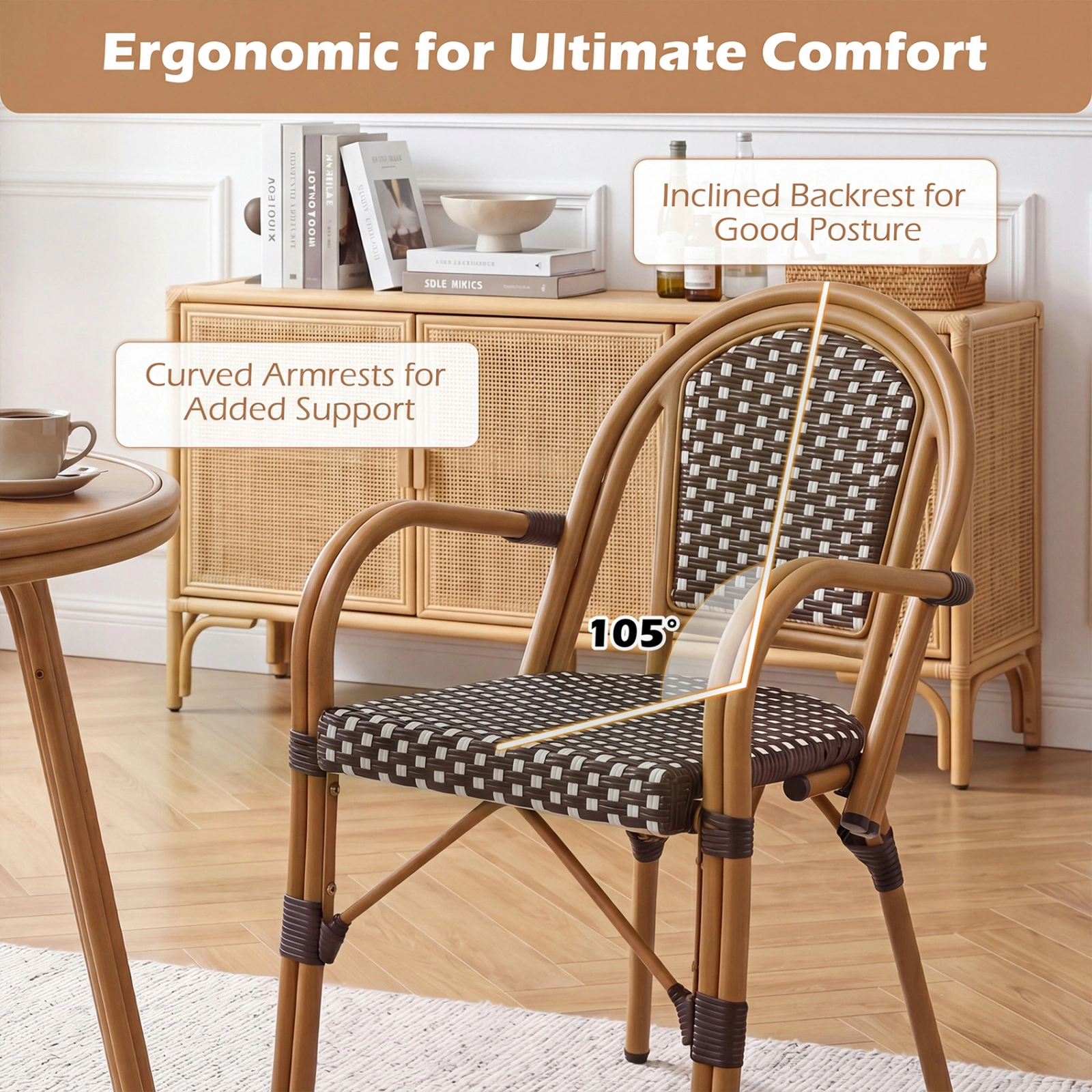 SUGIFT Set of 2 Brown Hand-Woven PE Rattan French Bistro Armchairs