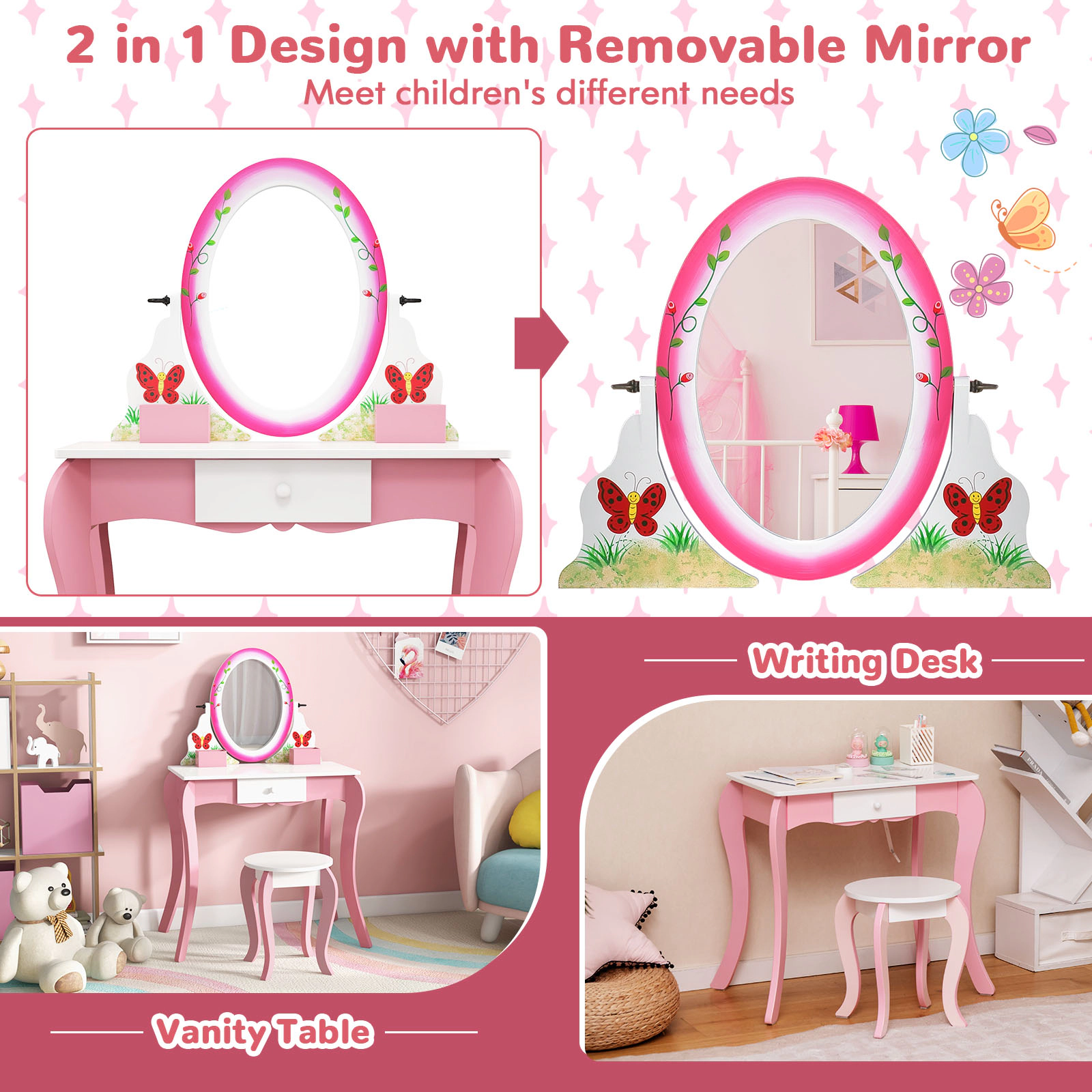 SUGIFT Kids 360-Degree Rotating Mirror Whiteboard Vanity Table and Stool Set 27-in x 16.5-in x 39.5-in 154-lb Pink
