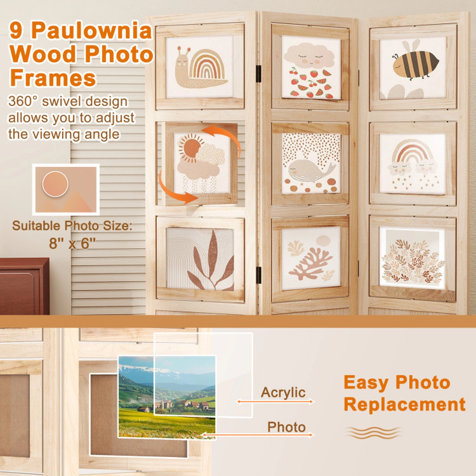 SUGIFT Natural 3-Panel 48-in Wide Folding Wood Room Divider Privacy Screen with 9 Swivel Photo Frames