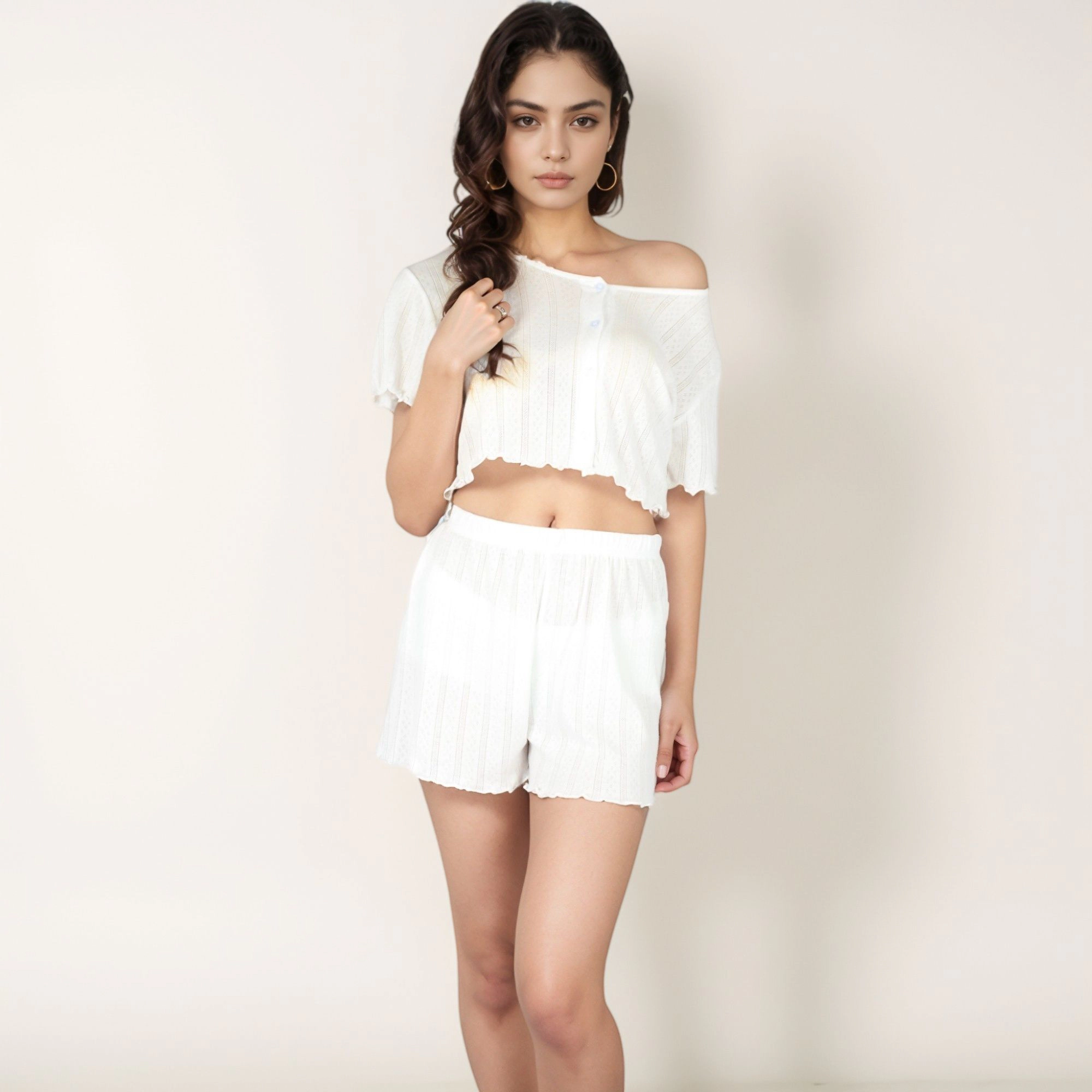 Anna-Kaci Women's Ribbed Knit Sleepwear Set with Short Sleeve Button Front Top and High Waist Shorts