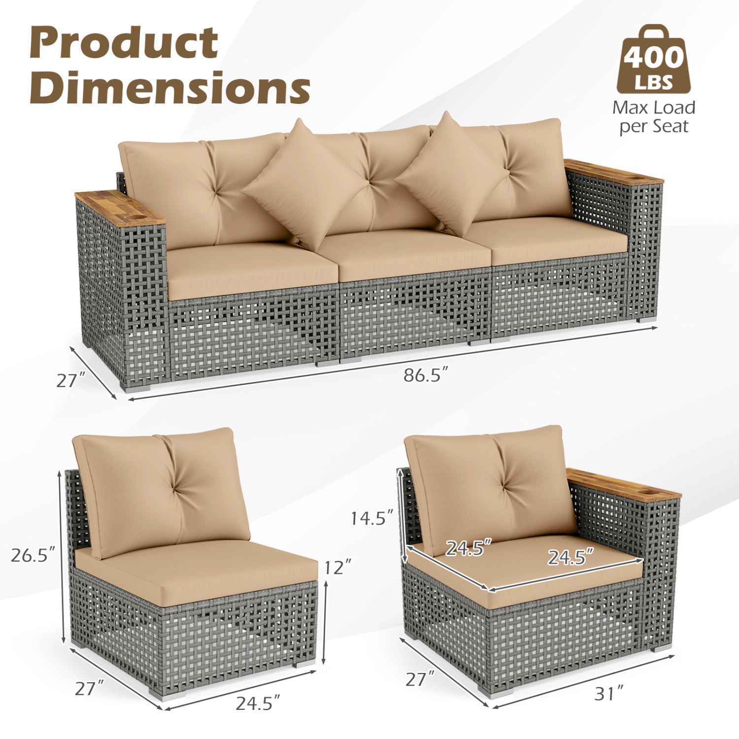 LJG Patio Wicker Sectional Furniture Set with 1 Armless and 2 Corner Sofas for Garden