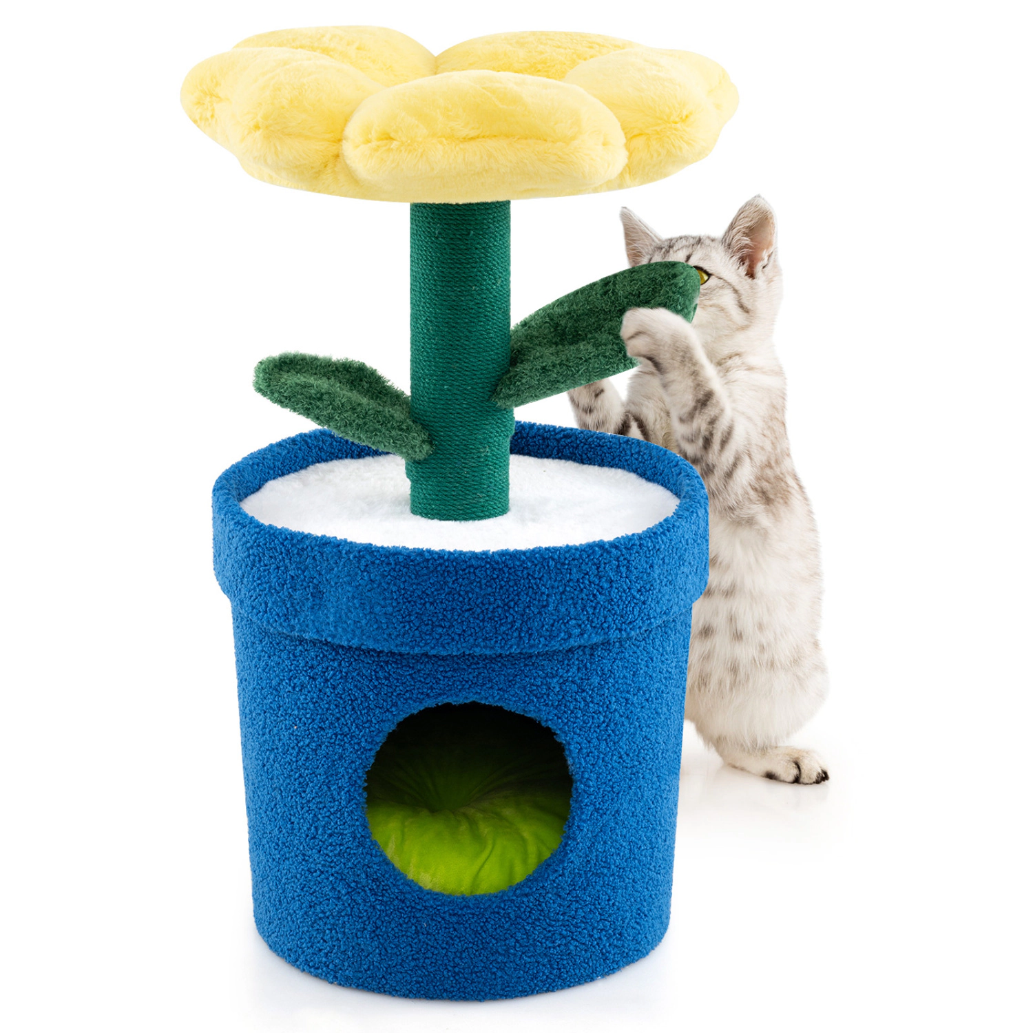 SUGIFT Cat Tree Yellow Flower Design with Padded Perch and Jute Rope Scratching Post