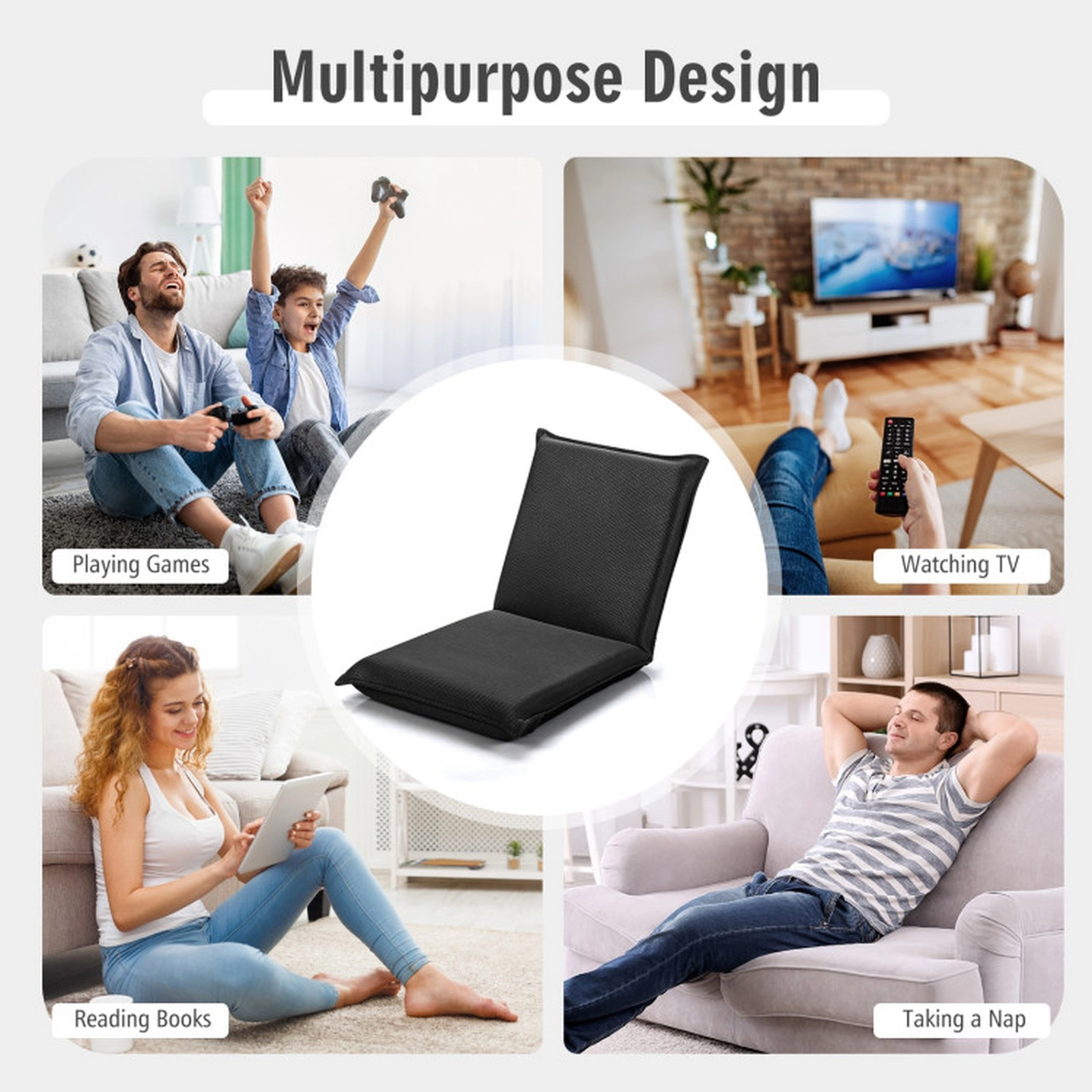 SUGIFT Adjustable 6-Position Folding Lazy Sofa Floor Chair 287-Lb Capacity Black