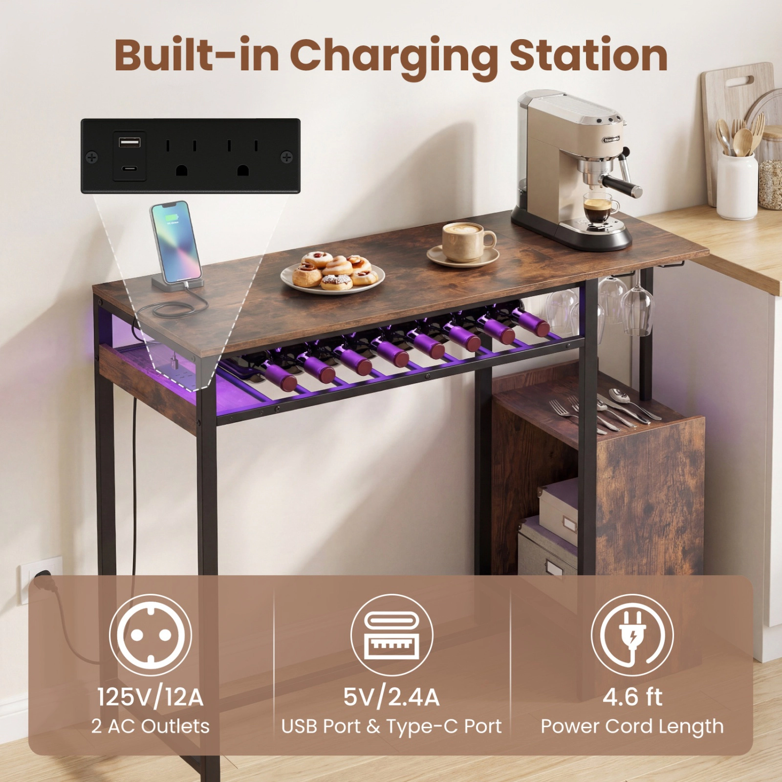 SUGIFT 43-In Counter-Height Pub Table, Rustic Brown, RGB LED Light, Charging Station and Wine Rack