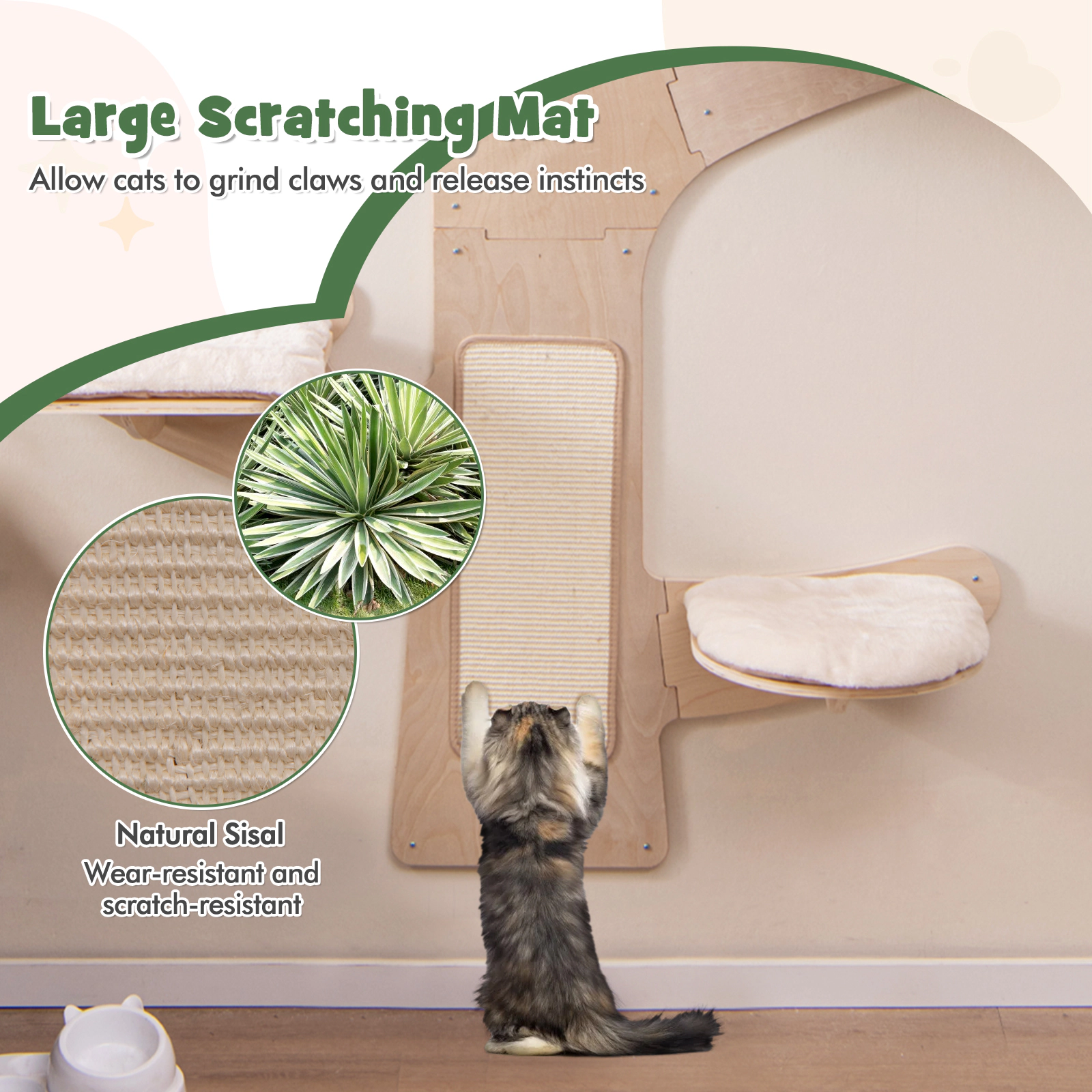 SUGIFT 71-in Wall-Mounted Cat Shelves Climbing Tower with Hammock 4 Padded Platforms and Sisal Mat