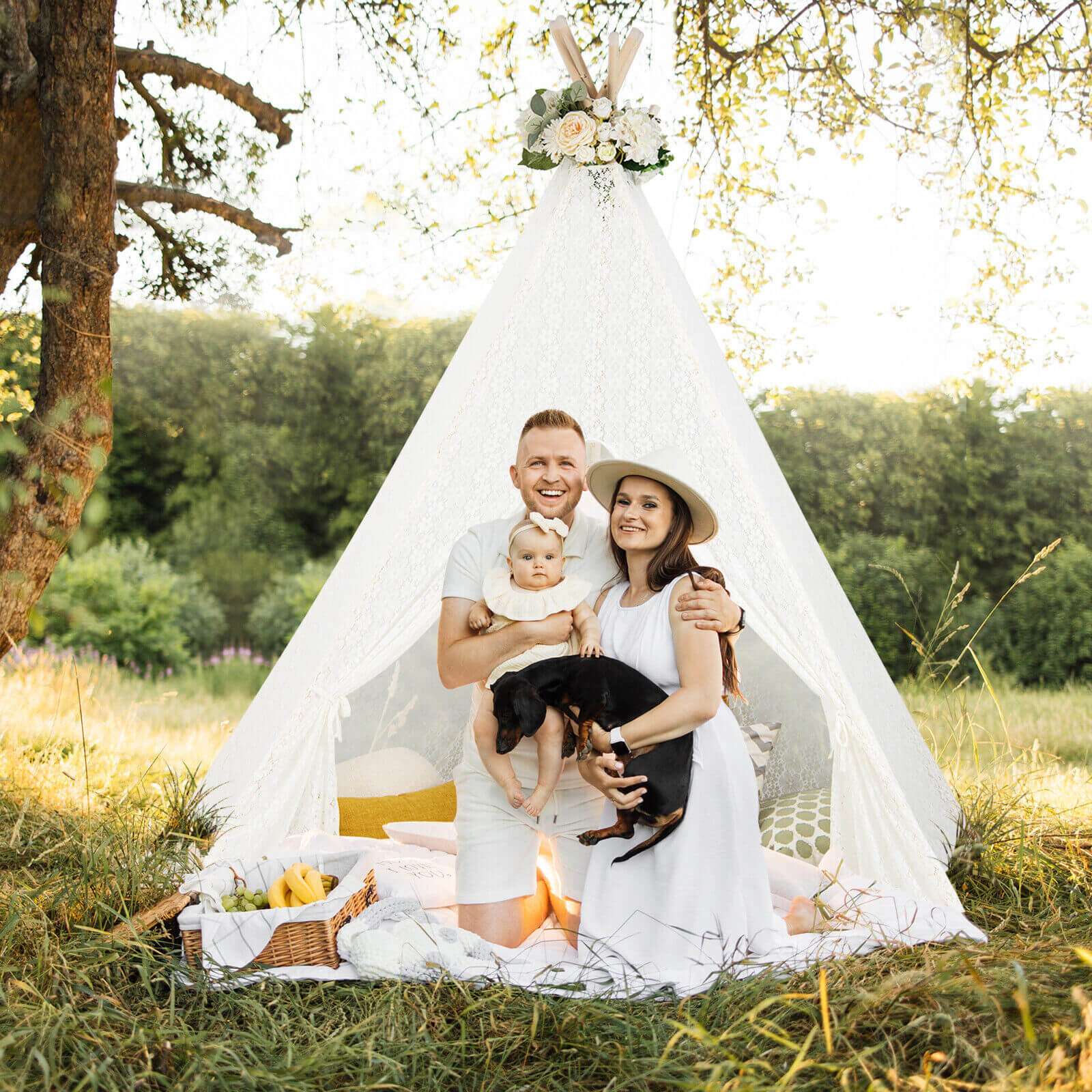 Lace Teepee Tent 85-in Tall Sleepover Tent for Children with LED Star Light Strings Pine Wood Poles White