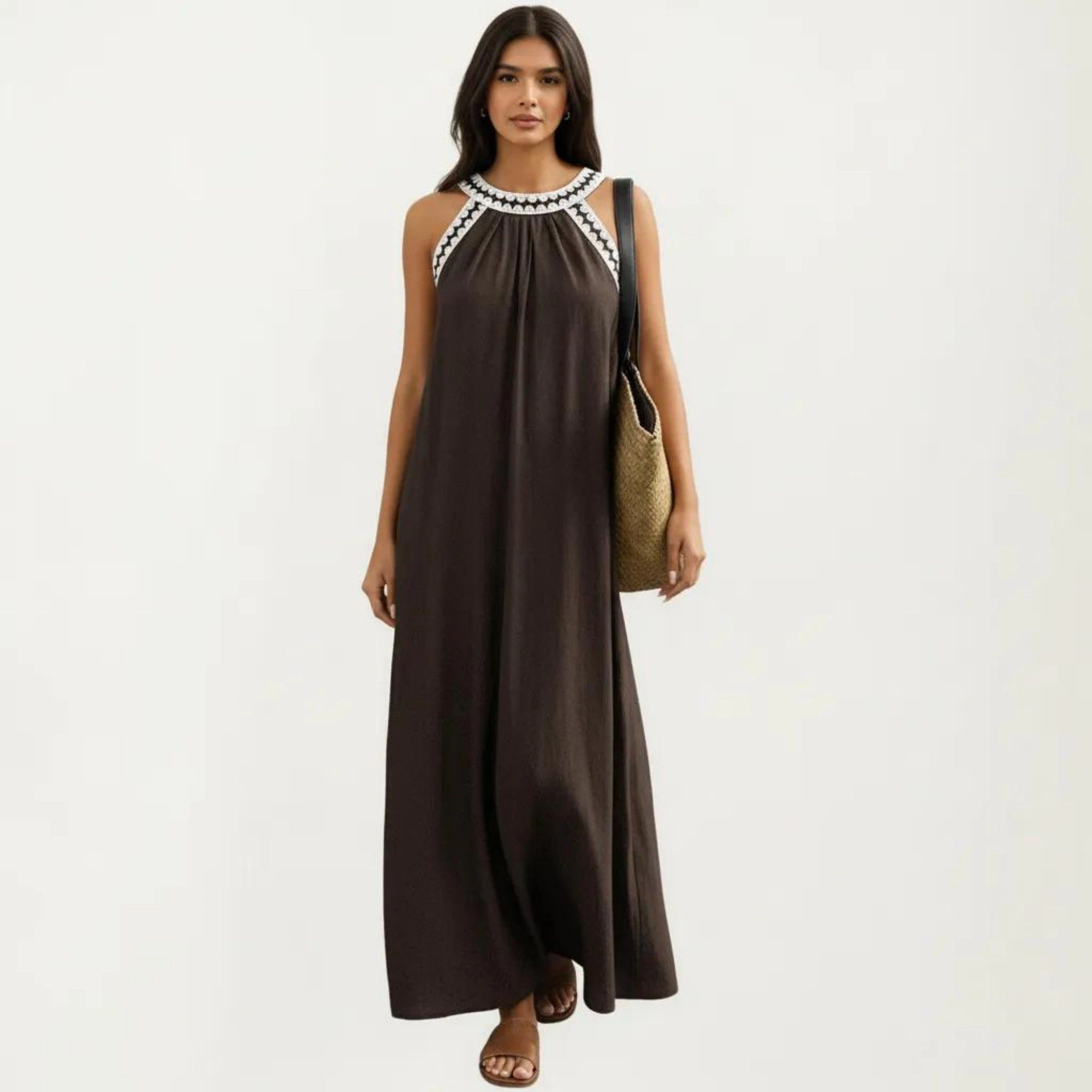 Anna-Kaci Womens Sleeveless Halter Neck Contrast Trim Maxi Dress