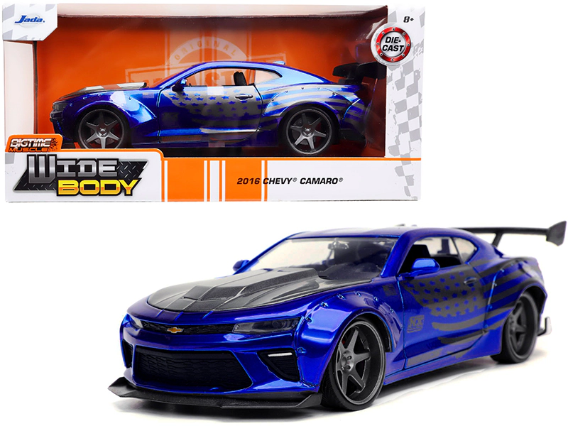 Jada 2016 Chevrolet Camaro Widebody Candy Blue with Gray Metallic Hood and American Flag Graphics "Bigtime
