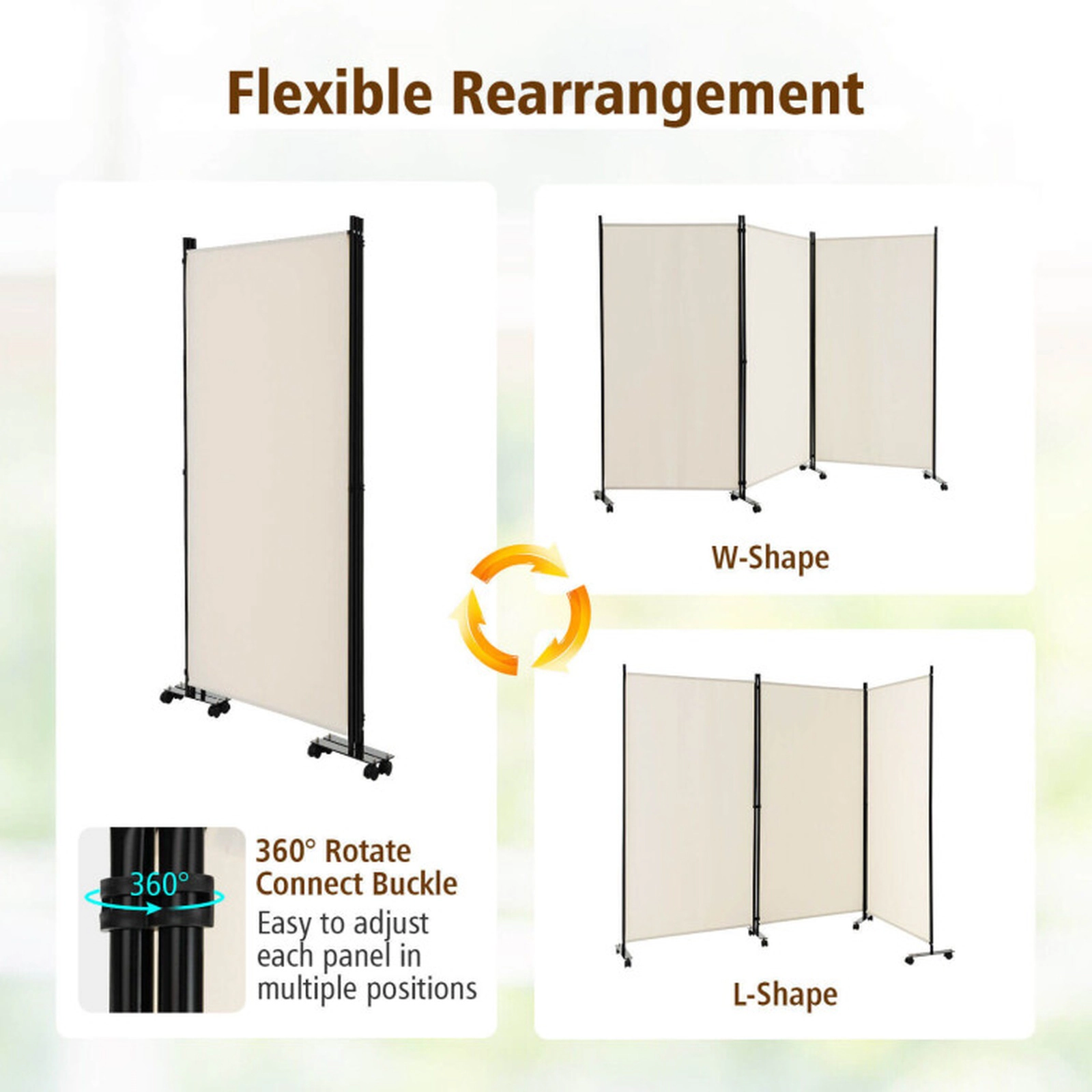 SUGIFT White 3-Panel 103-in Wide 71-in Tall Folding Room Divider and Privacy Screen with Lockable Wheels