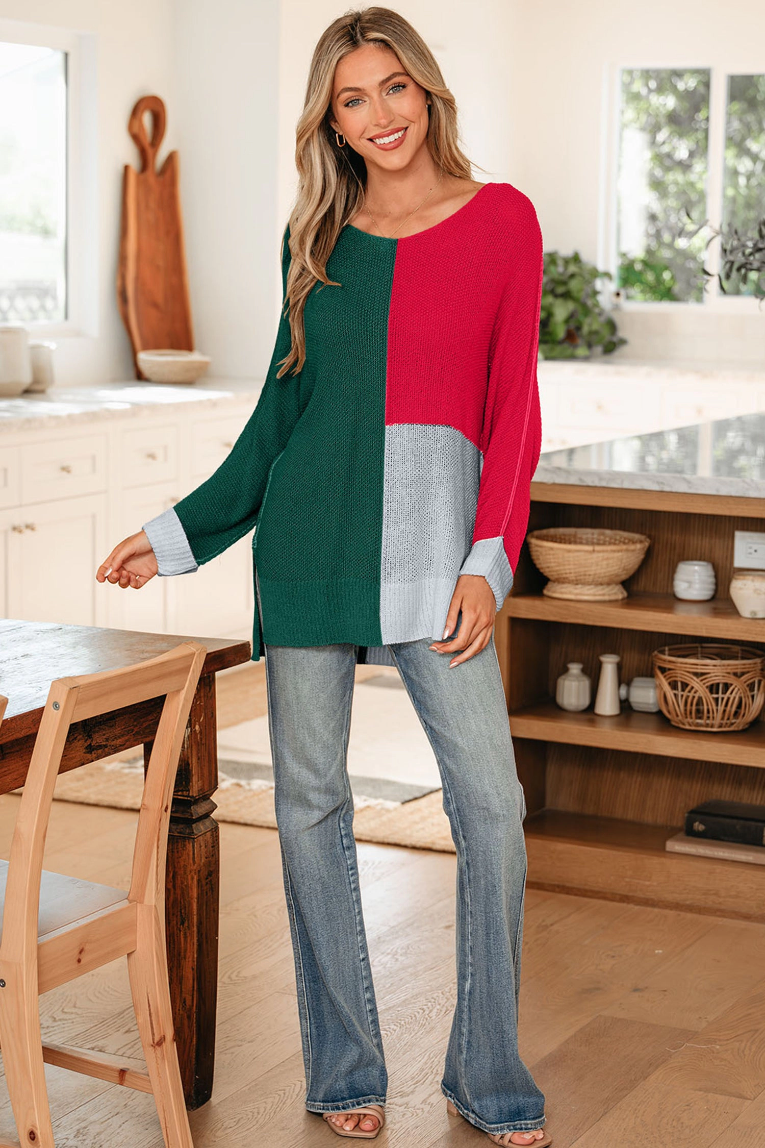 Threaded Pear Women's Demi Block Knit Loose Sweater