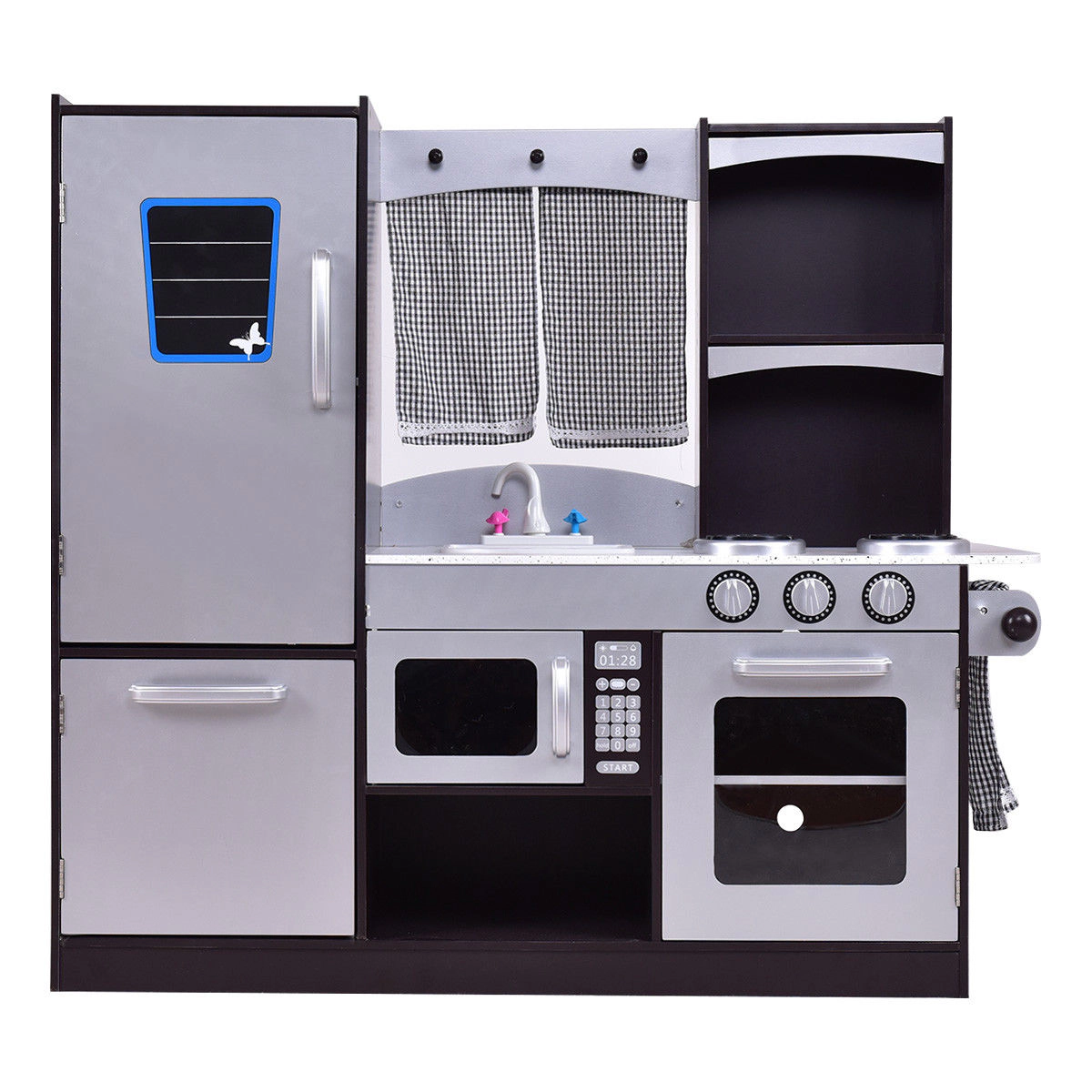 SUGIFT Kids Wooden Modern Kitchen Cooking Pretend Play Set Pine Wood and MDF 38.2-in Long Ages 3+ Coffee and Silver