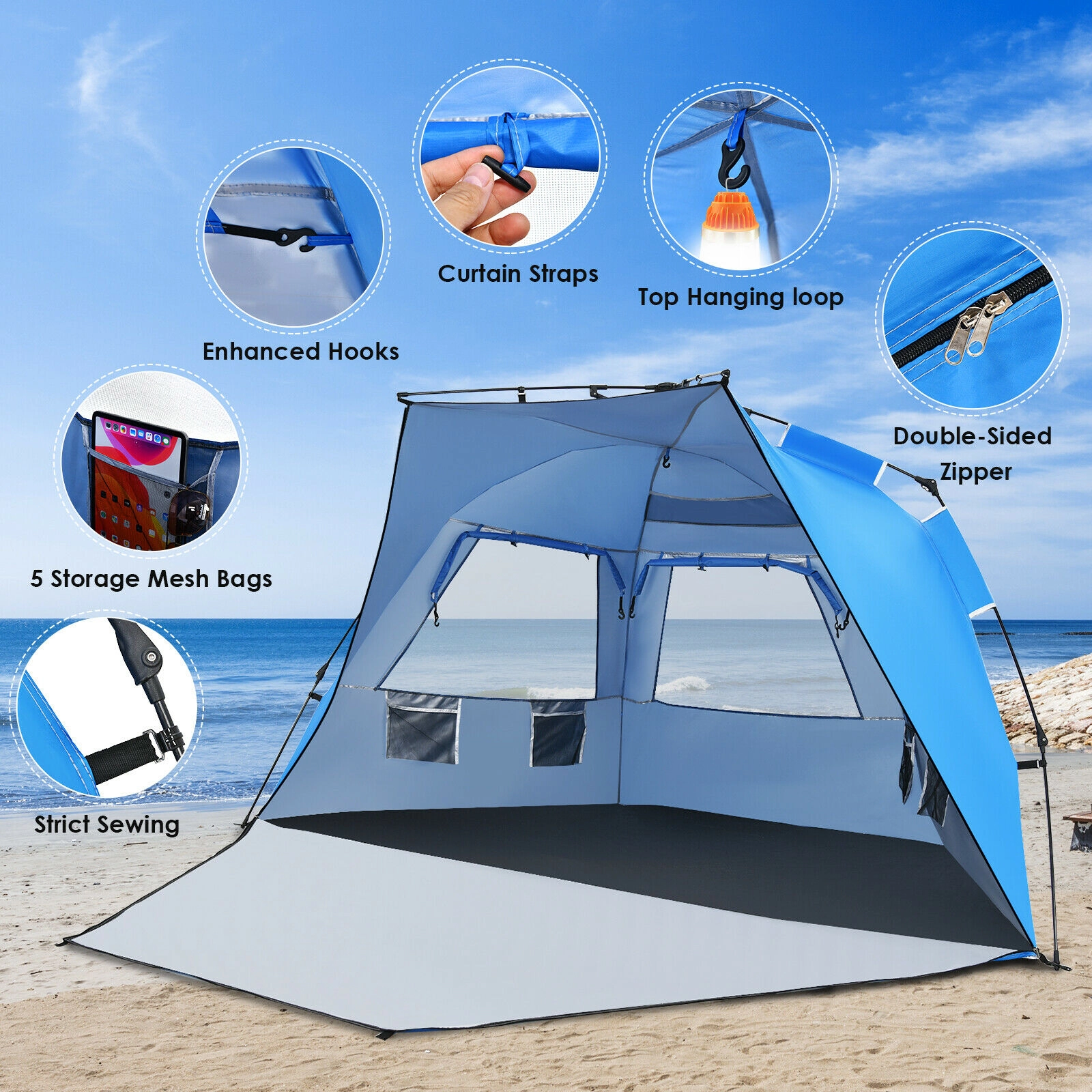 SUGIFT 3-4 Person Blue UPF 50+ Pop Up Beach Tent with Extendable Floor and 50-in Porch 100-in W 50-in D 52-in H