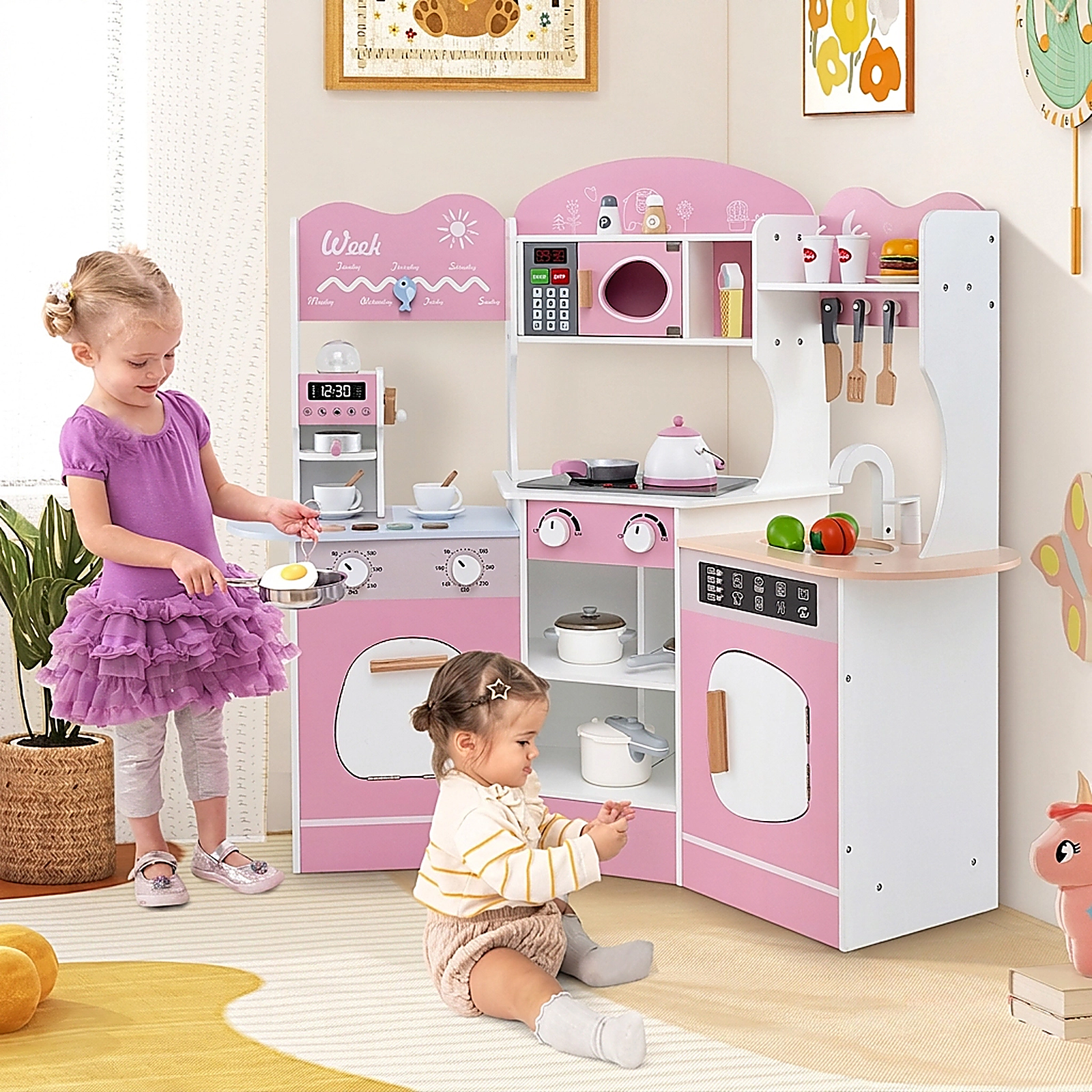 SUGIFT Machine Slide and 18 Accessories Corner Wooden Kids Play Kitchen
