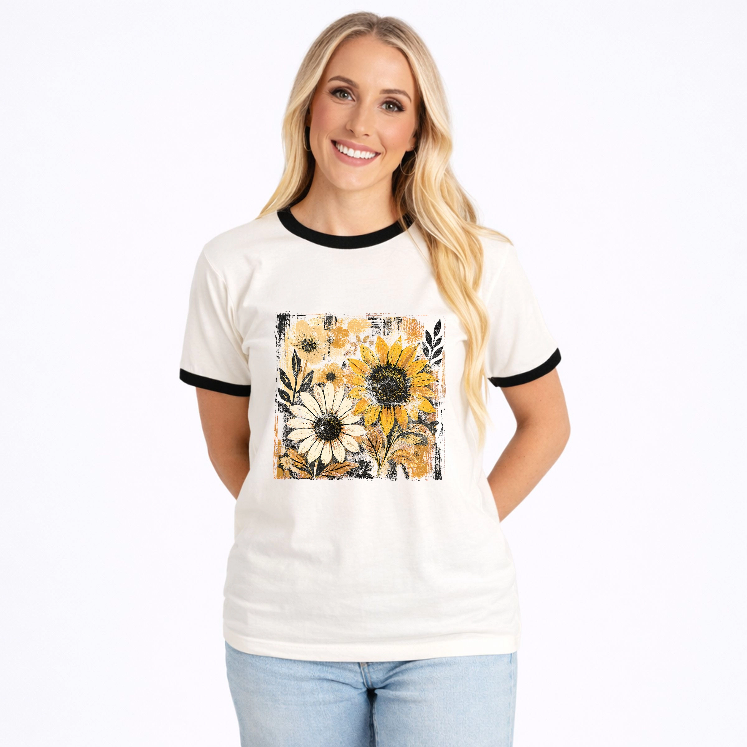Simply Sage Market - Women's Ringer Graphic T-Shirt Fall Sunflowers Distressed