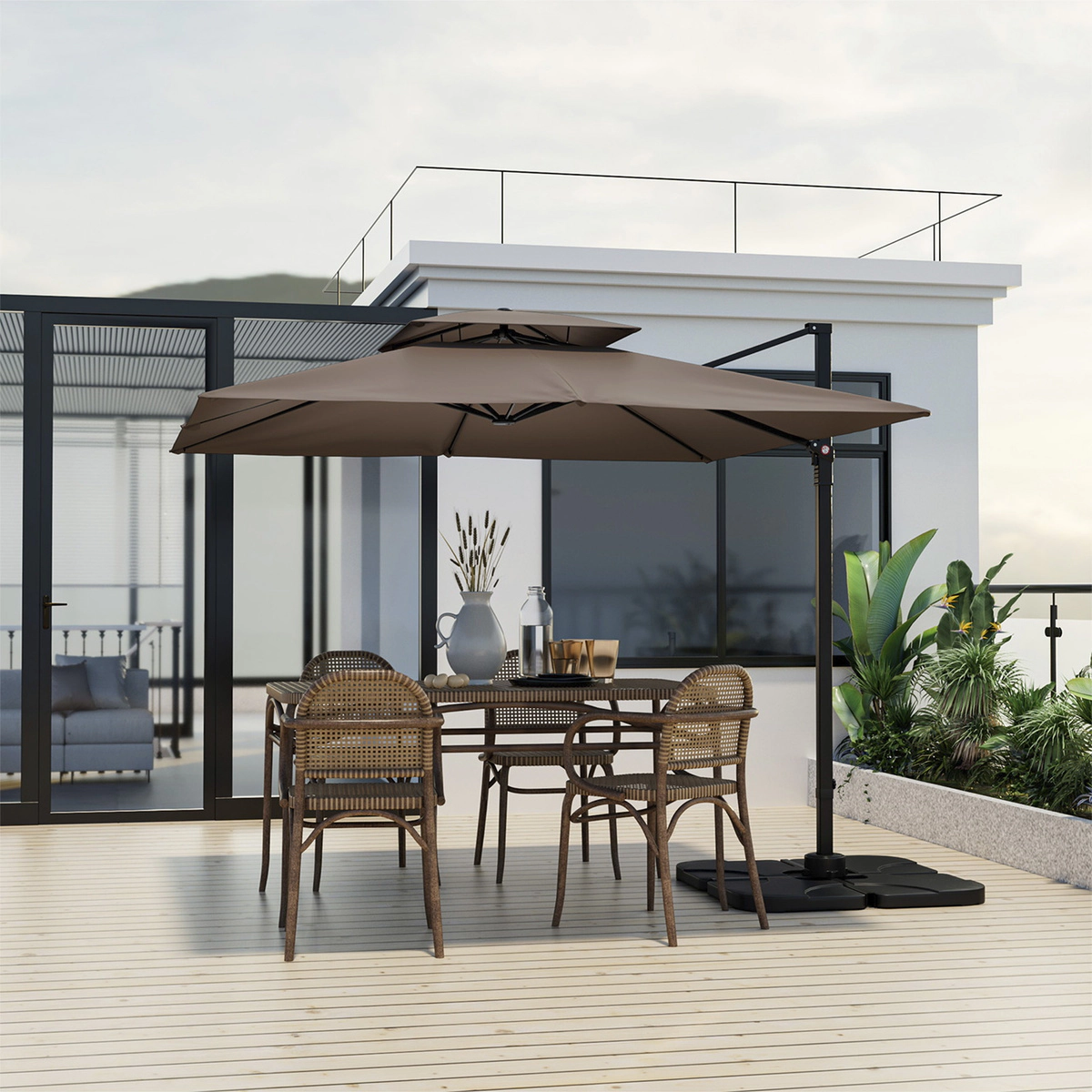 SUGIFT Coffee Square Cantilever Patio Umbrella with 360-Degree Rotation and Dual Vented Top 9.5-ft W 8.5-ft H