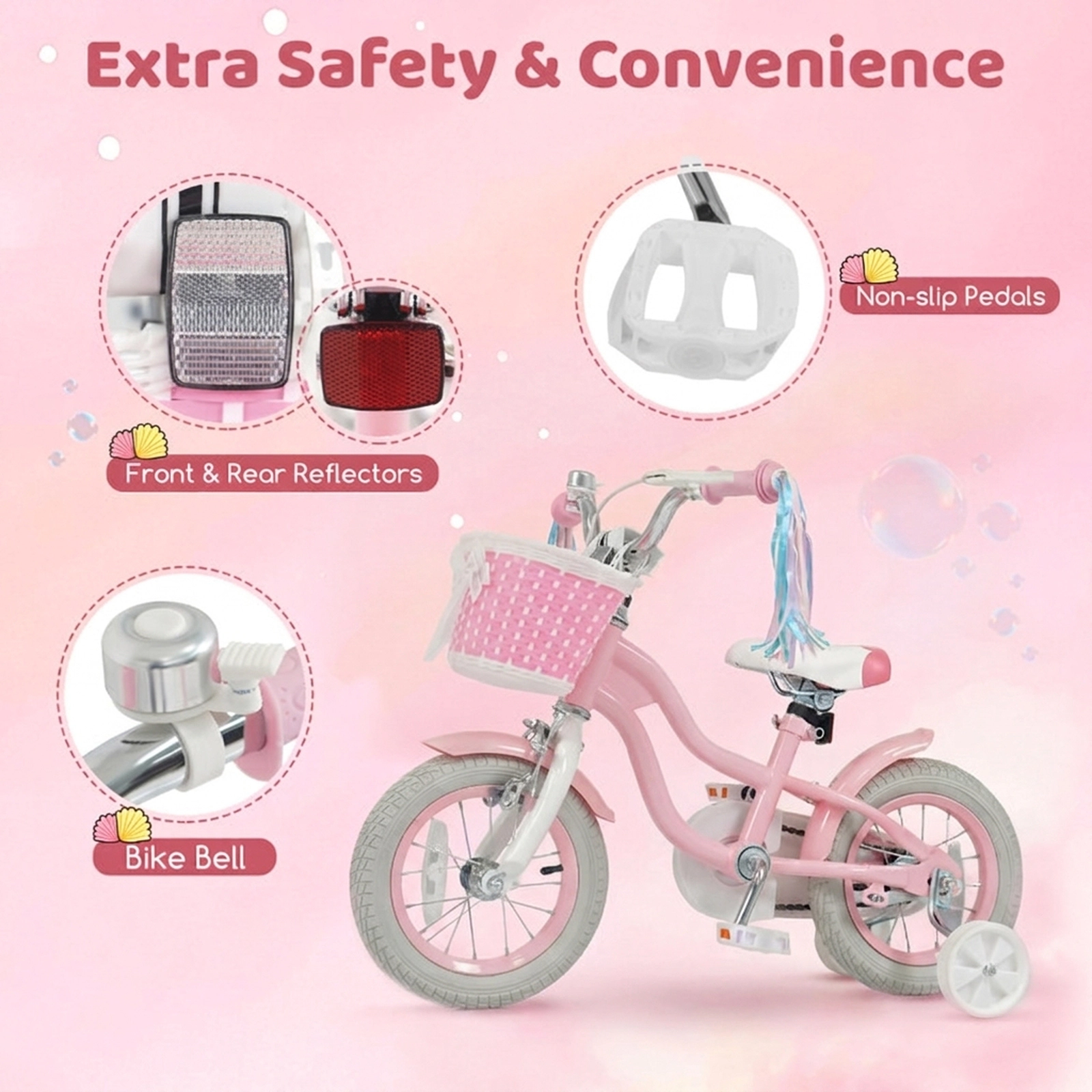 SUGIFT Adjustable 12-Inch Kids Bicycle with Training Wheels Basket and Streamers 110-lb Capacity Ages 3-4 Pink