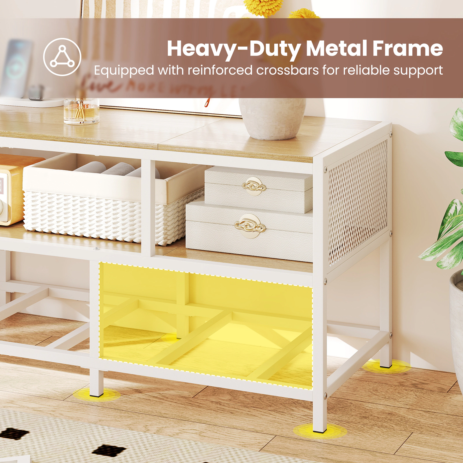 Glintex 55-Inch TV Stand with Fabric Drawers and Built-In Charging Station