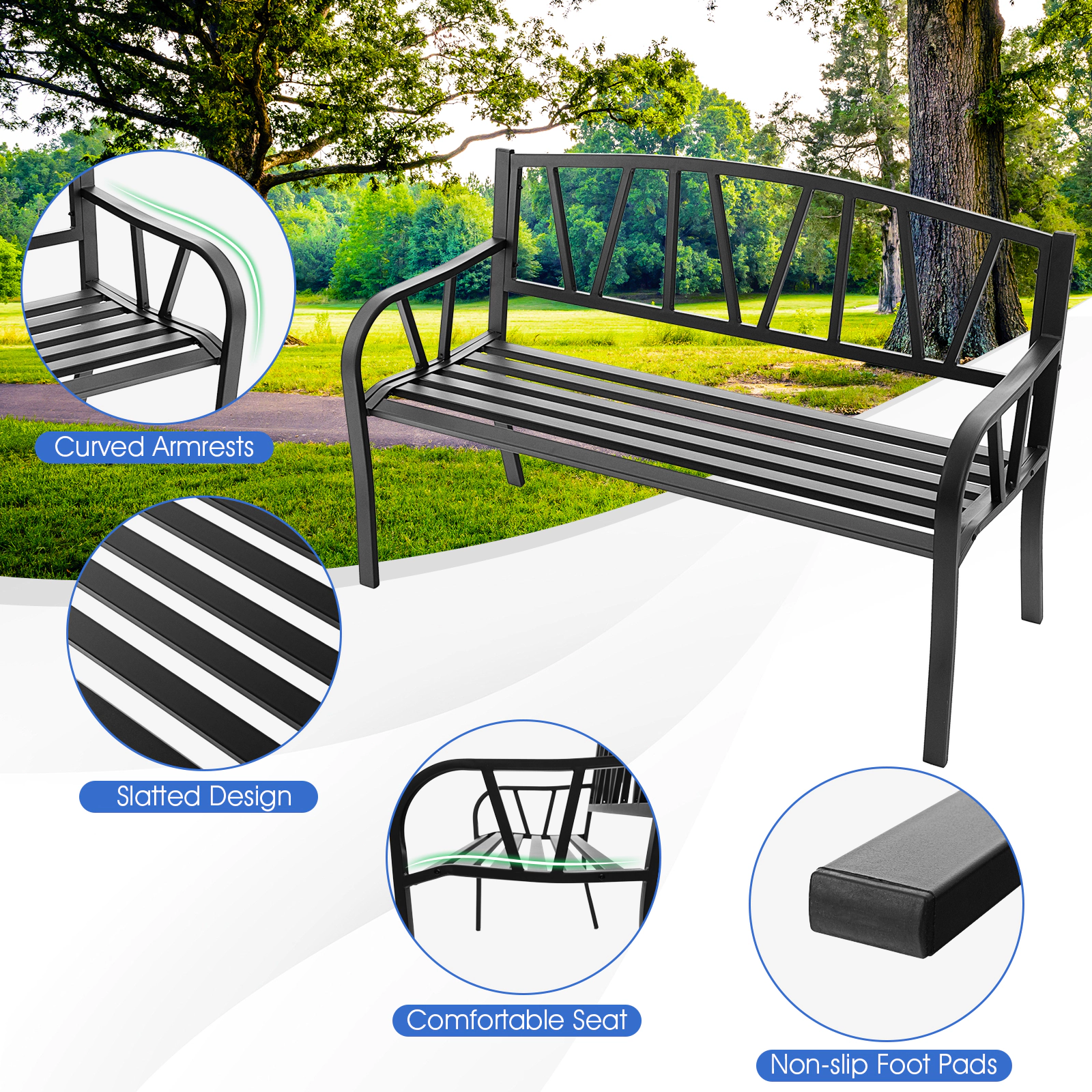 SUGIFT 50-Inch Black Metal Outdoor Patio Bench, Slatted Seat, Curved Arms