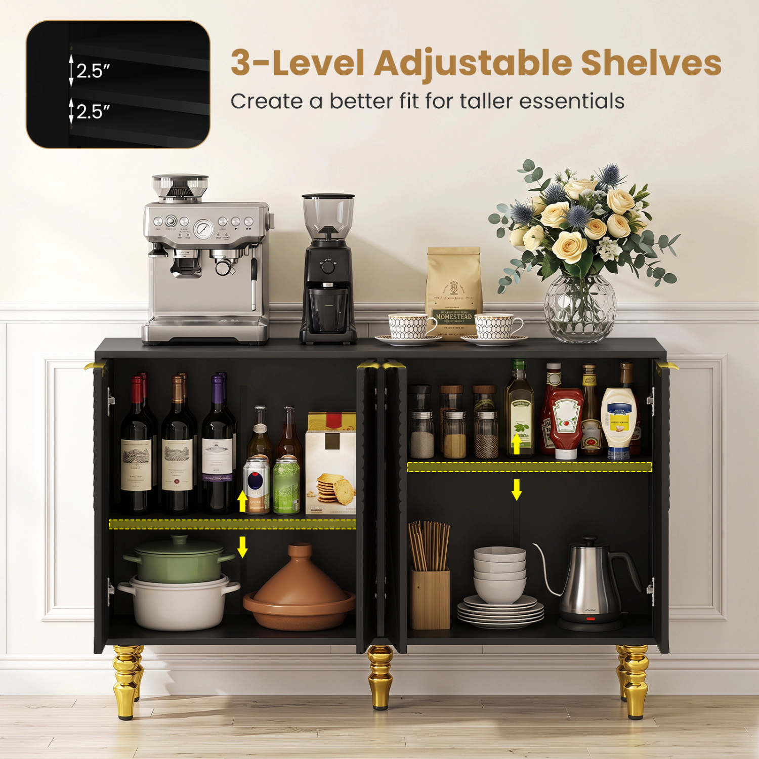 LJG 47" Sideboard Buffet Cabinet with 4 Chevron Fluted Doors & Anti-Toppling Devices for Kitchen