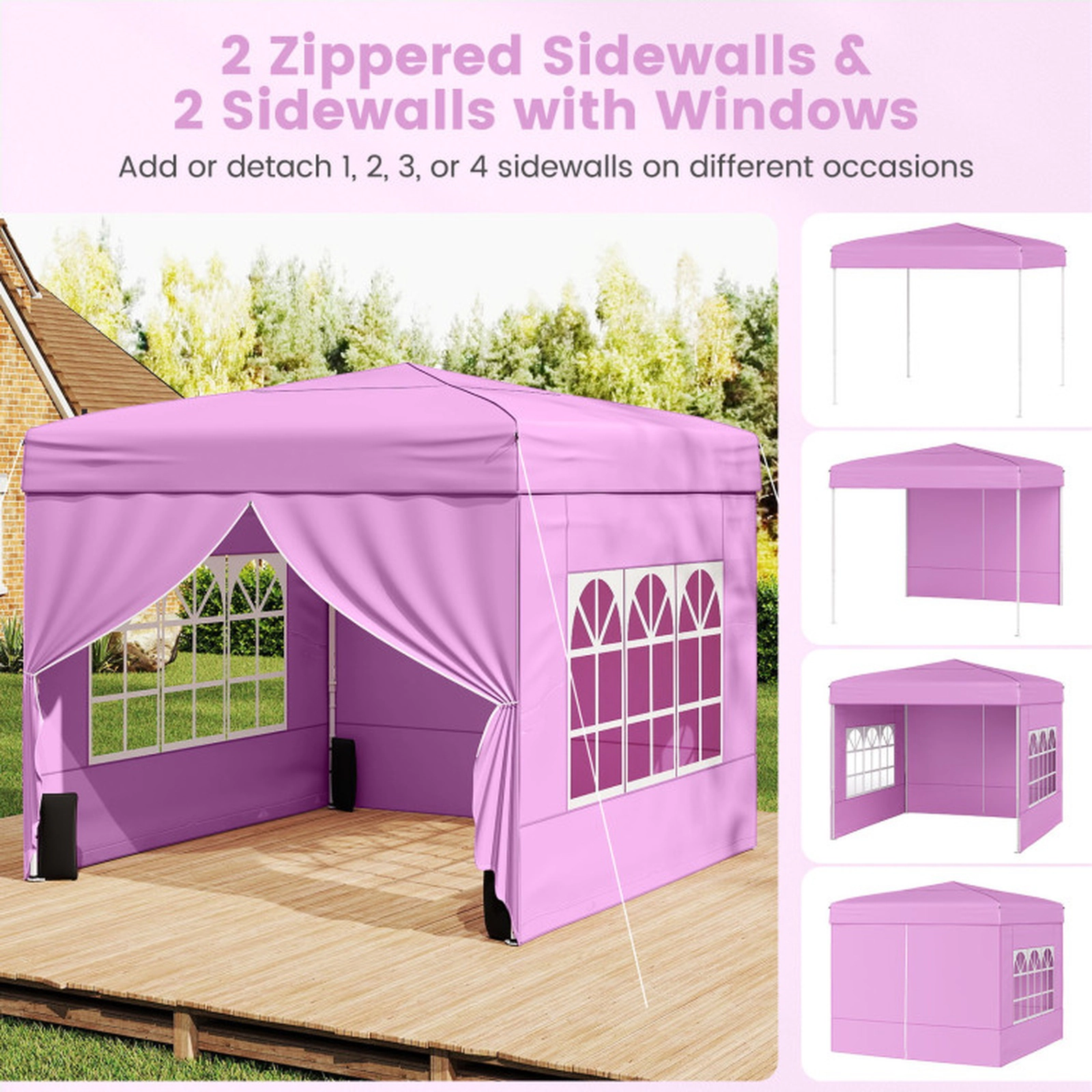 SUGIFT Pop Up 10-ft x 10-ft Canopy Gazebo Tent with 3-Height Adjustable Frame 4 Sidewalls Sandbags Stakes and Bag Pink